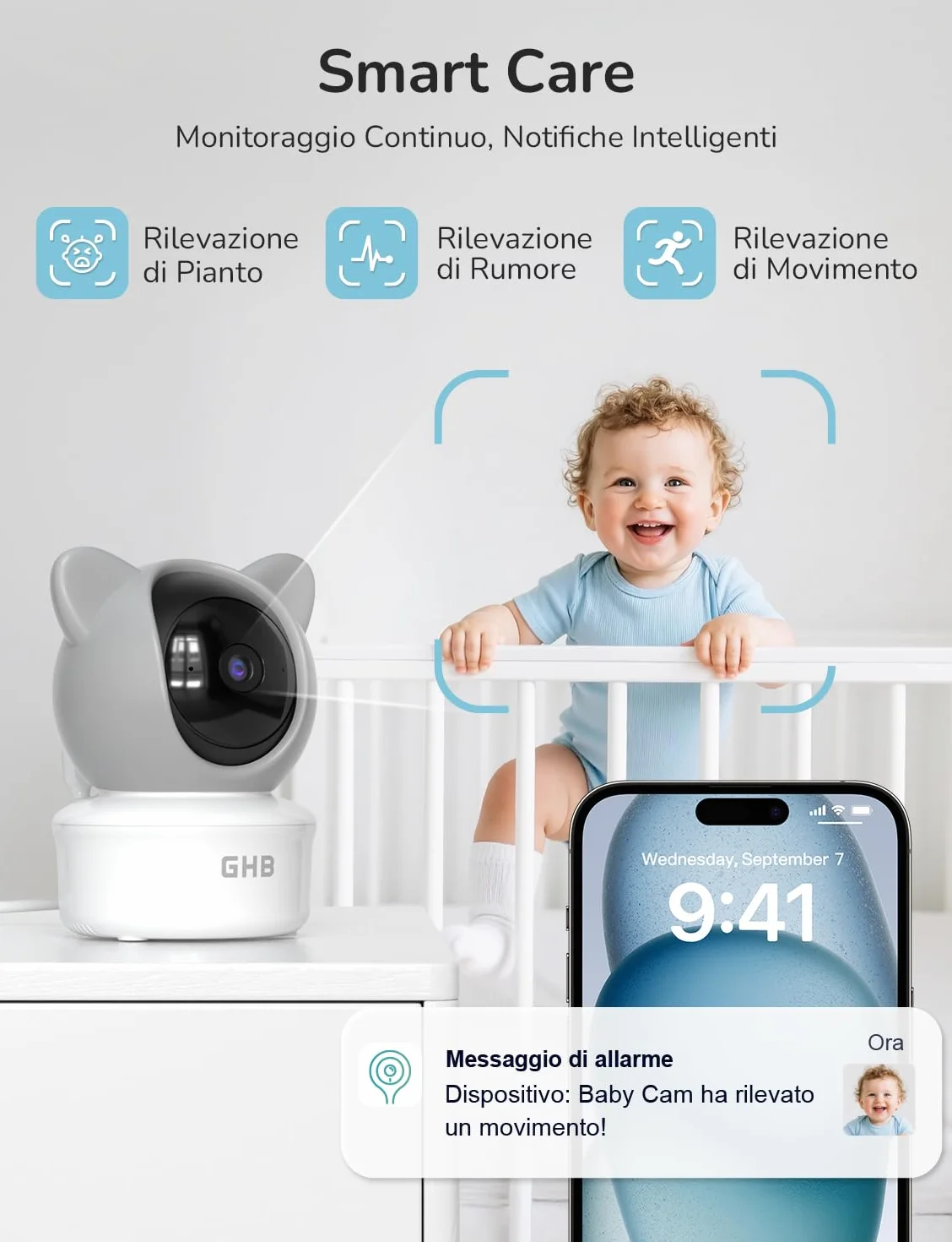 Monitor Baby WiFi con App, IPS 5'', 2K, PTZ 350°/65°, 3000mAh, Rilevamento Movimento/Pianto/Temperatura, Visione Notturna