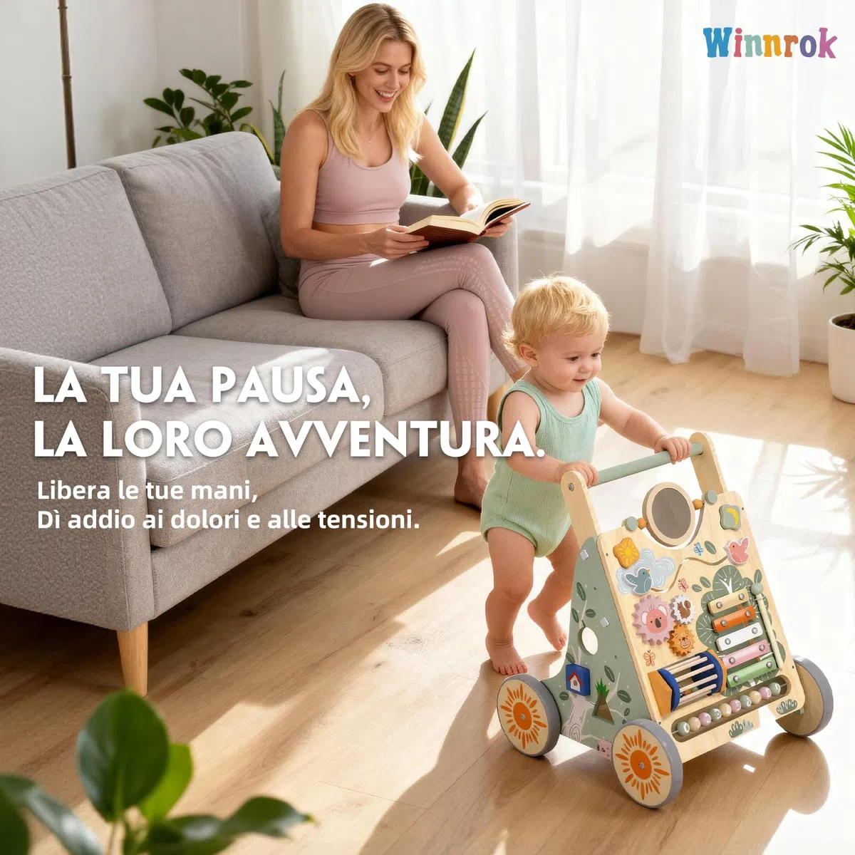Carrello Primi Passi in Legno, Girello Montessori con Centro Attività, Girello Neonato Altezza e Velocità Regolabili, Perfetto come Regalo di Compleanno o Natale, Girello per Bambini 6-18 Mesi