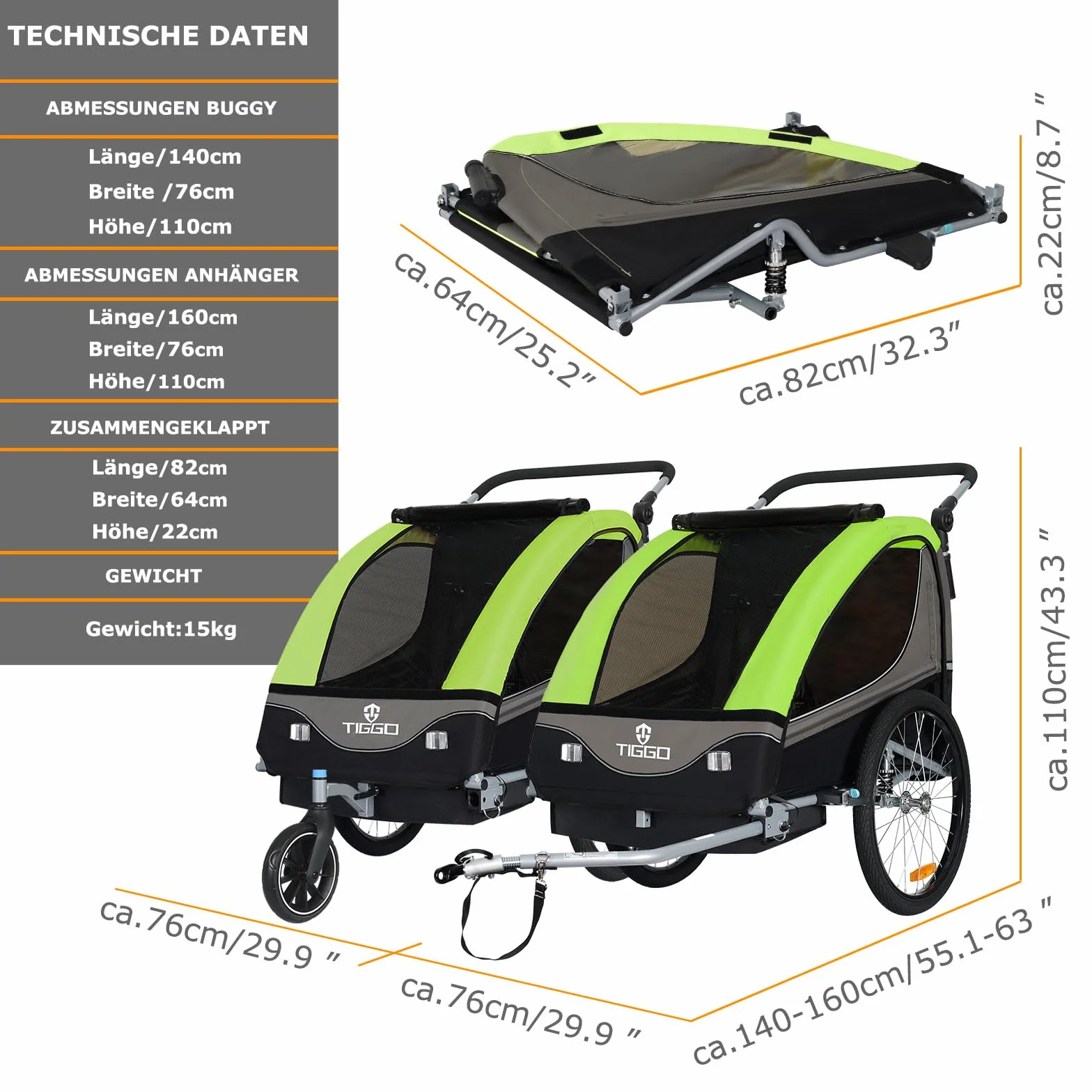 Tiggo S2 Rimorchio bambini 2 in 1 sospensione Jogger passeggino bicicletta girevole 360°