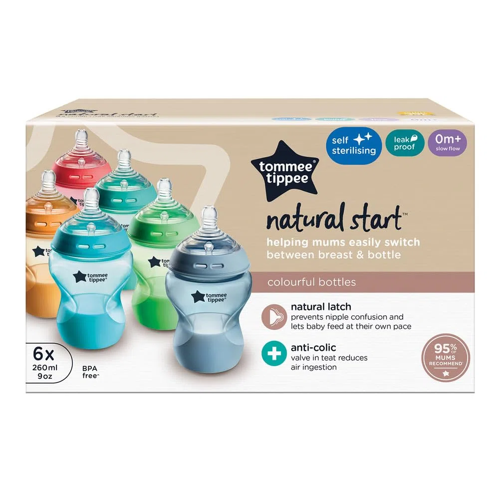 Tommee Tippee biberon anti-colica Natural Start 260ml, con tettarella simile al seno materno, valvola anti-colica, autosterilizzante, 6 pezzi