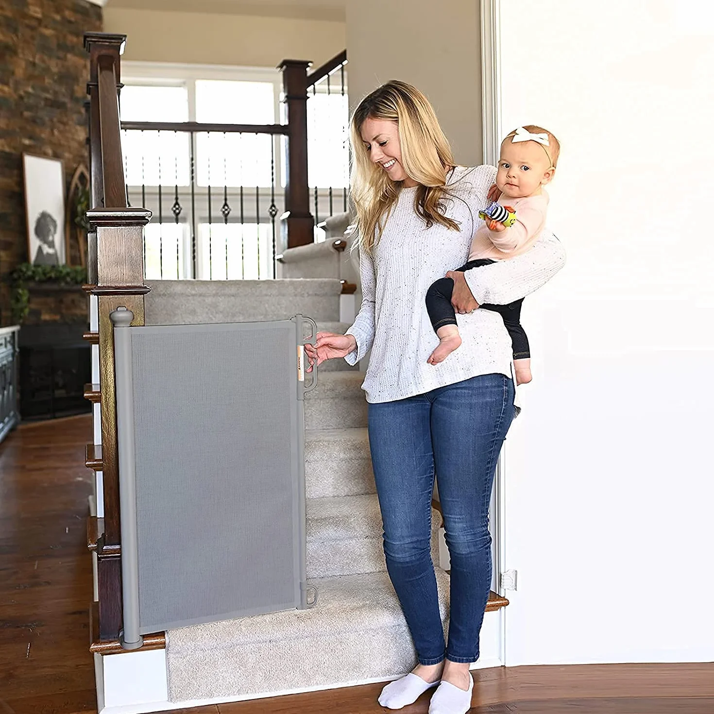 Cancelletto estensibile per scale 0-150 cm Porta retrattile barriera per bambini animali domestici Grigio