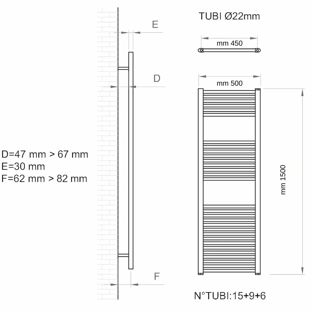 OGOMONDO Termoarredo Scaldasalviette Tubolare Tondo Acciaio H1500xL500xI450 mm | Bianco Opaco, Finitura Bianco Opaco