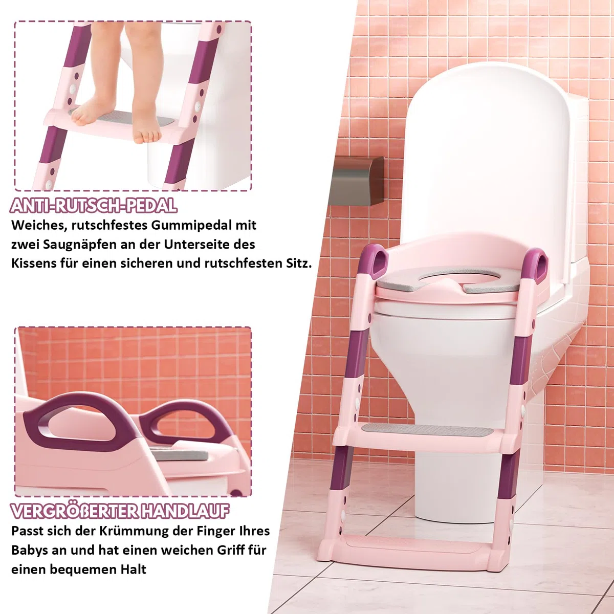 Allenatore per vasino per bambini, Tavoletta Bagno, Seduta Water, pieghevole, regolabile in altezza, con scale antiscivolo e cuscino morbido