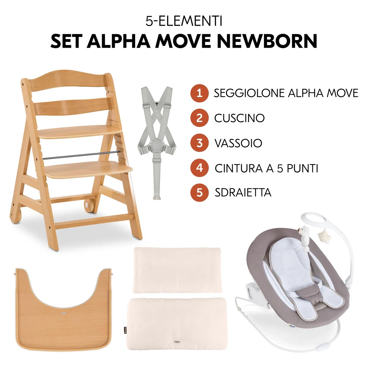 hauck Alpha Move Set Deluxe - Seggiolone in Legno Evolutivo Da 0 Mesi - Sedia Bambini Regolabile con Sdraietta Neonato Reclinabile, Cuscino e Vassoio - Naturale, Grigio