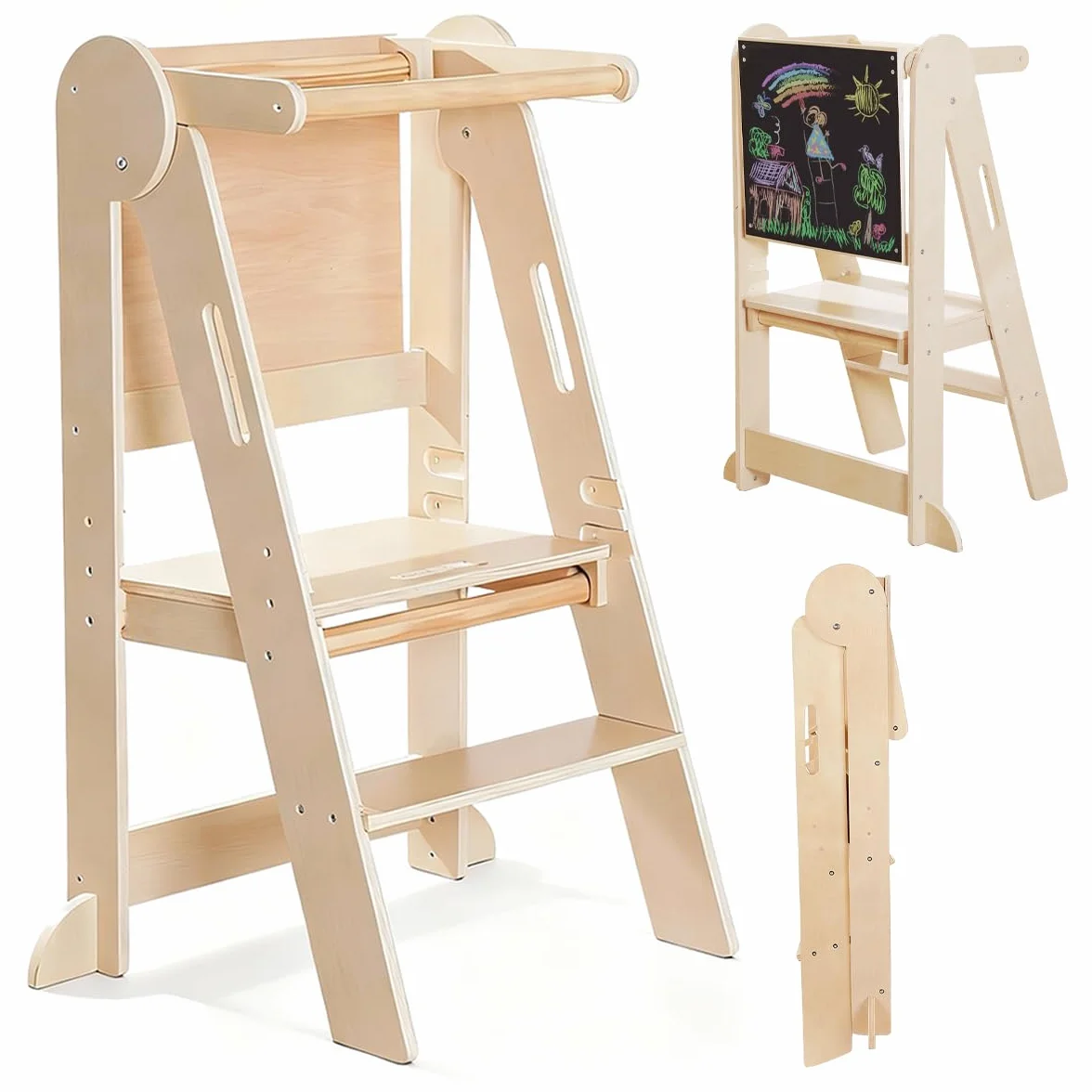 Torre Montessoriana Pieghevole per Bambini, Sgabello Aiutante da Cucina in Legno con Lavagna Integrata, Learning Tower con Barra di Sicurezza