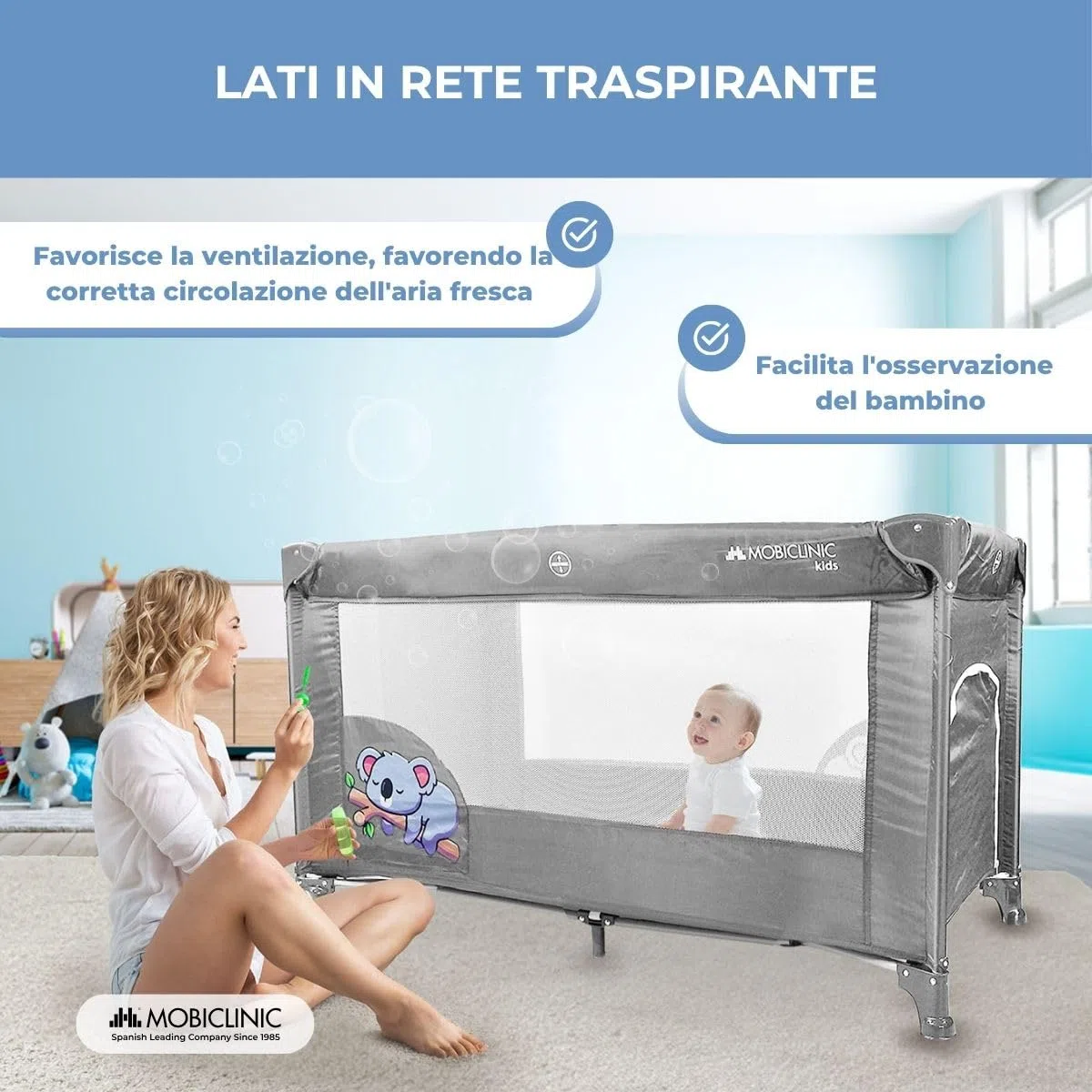 Mobiclinic®, Lettino da viaggio, Culla neonato, 2 in 1, Pieghevole ultracompatto, Materasso rimovibile, Mofli, Fino a 15 kg, Traspirante, Ingresso laterale con cerniera, Box per bambini (grigio)