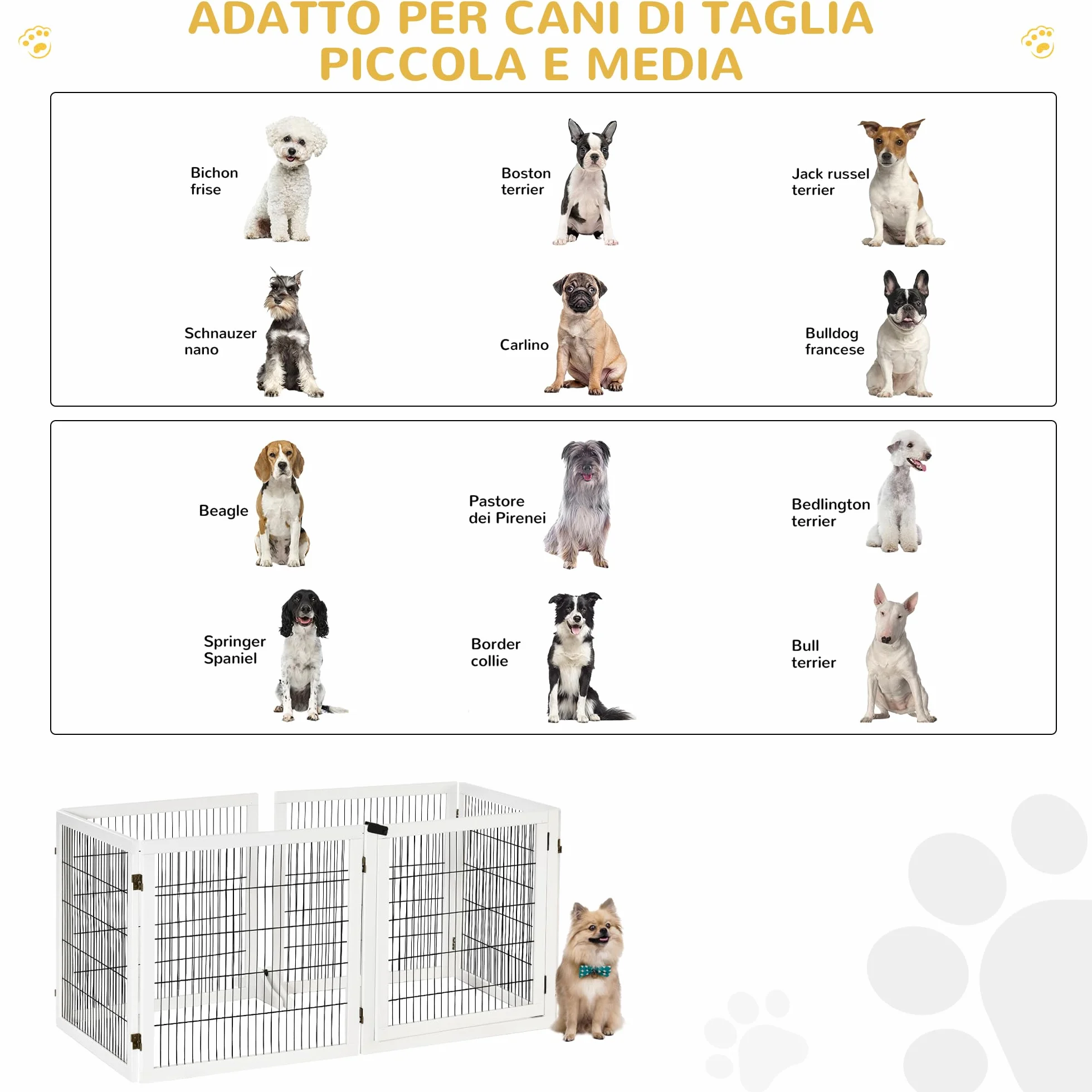 PawHut Cancelletto per Cani di Piccola/Media Taglia a 6 Pannelli Pieghevoli, Cancelletto di Sicurezza in Legno e Acciaio, 432x36x70 cm, Bianco