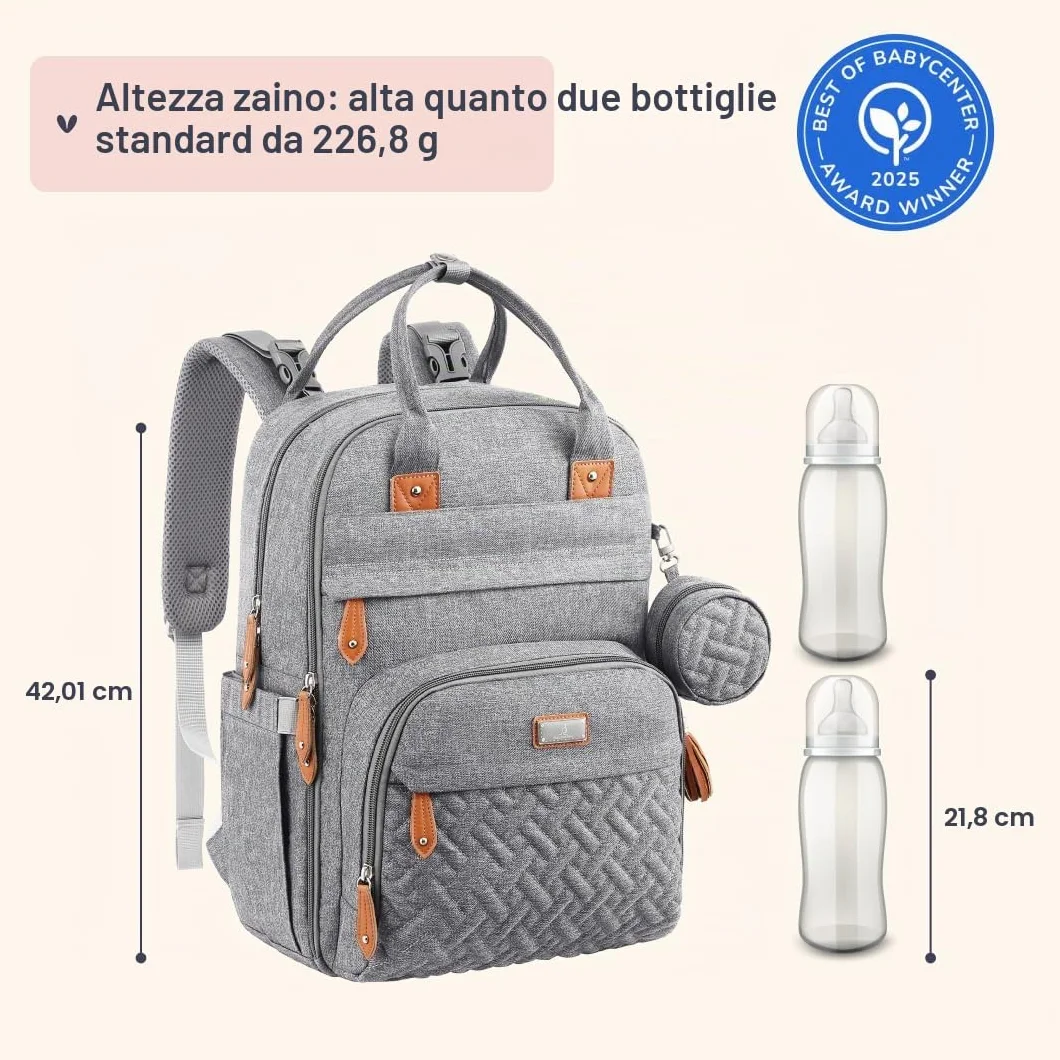 BabbleRoo Zaino per pannolini con fasciatoio, grande capacità, impermeabile, custodia ciuccio staccabile