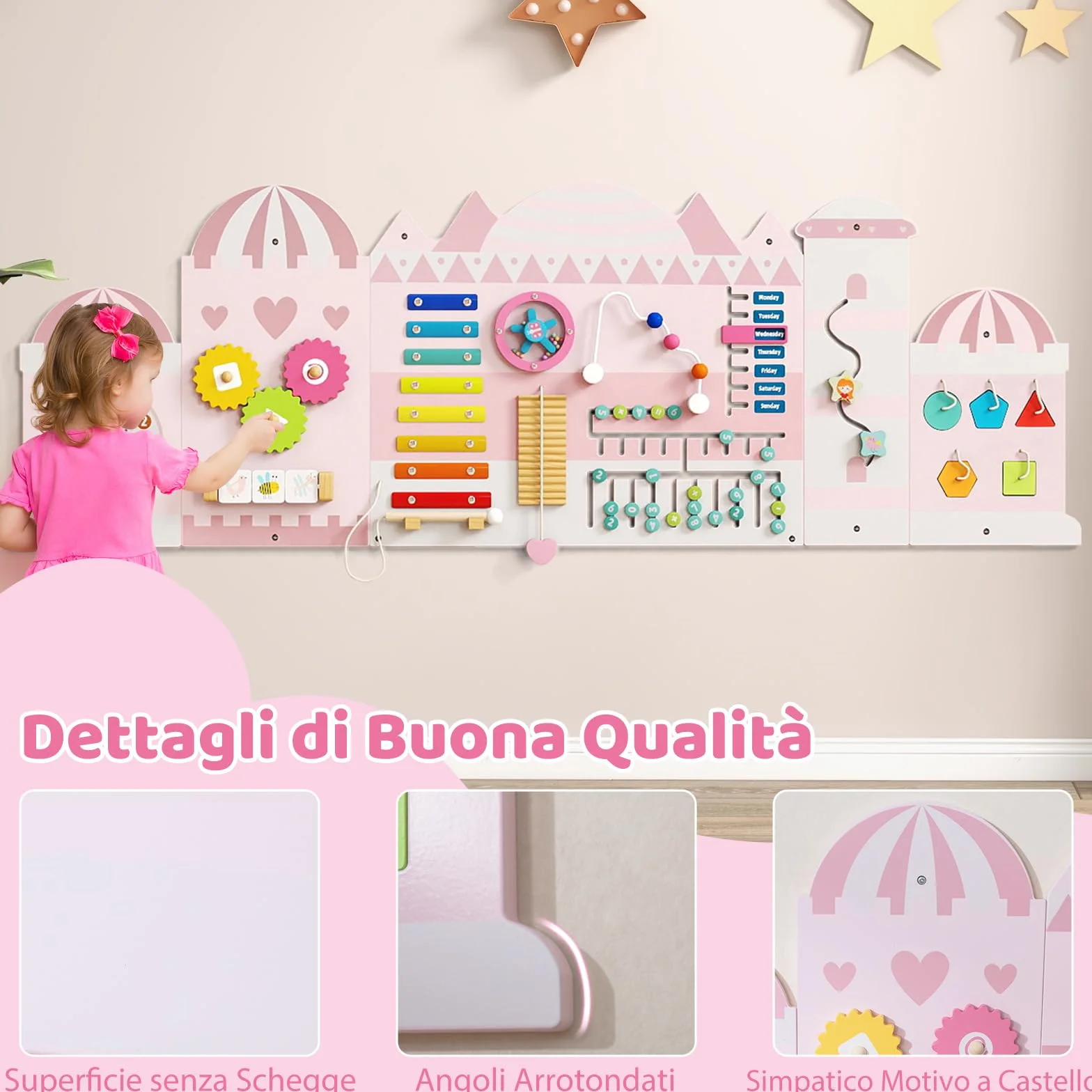 COSTWAY Pannelli da Parete con attività, Busy Board 11 in 1 Montessori in Legno per Sviluppo Sensoriale, Centro di attività Educativo Montato a Parete per Stanza Giochi, Asilo Nido (Castello)