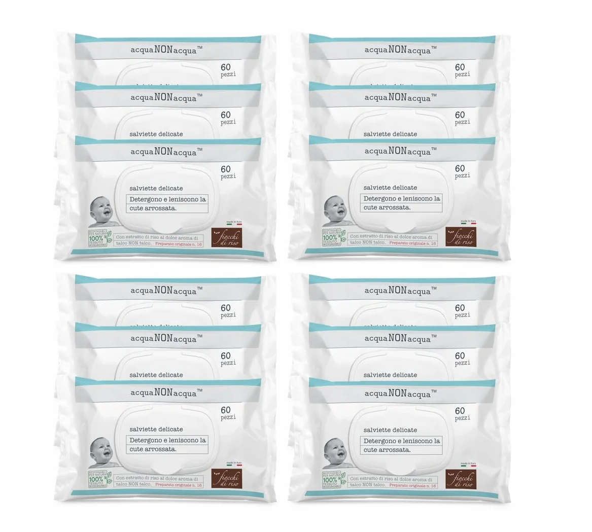 Fiocchi di Riso Salviette Acqua Non Acqua 720pz con Placchetta Cambio Pannolino Detergenti Idratanti Pelle Arrossata