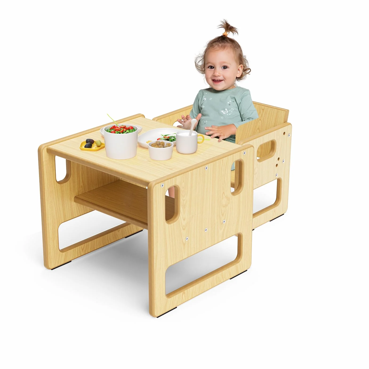 Montessori Set Tavolo e Sedia per Svezzamento Regolabile Bambini Piccoli Pasti Apprendimento Gioco