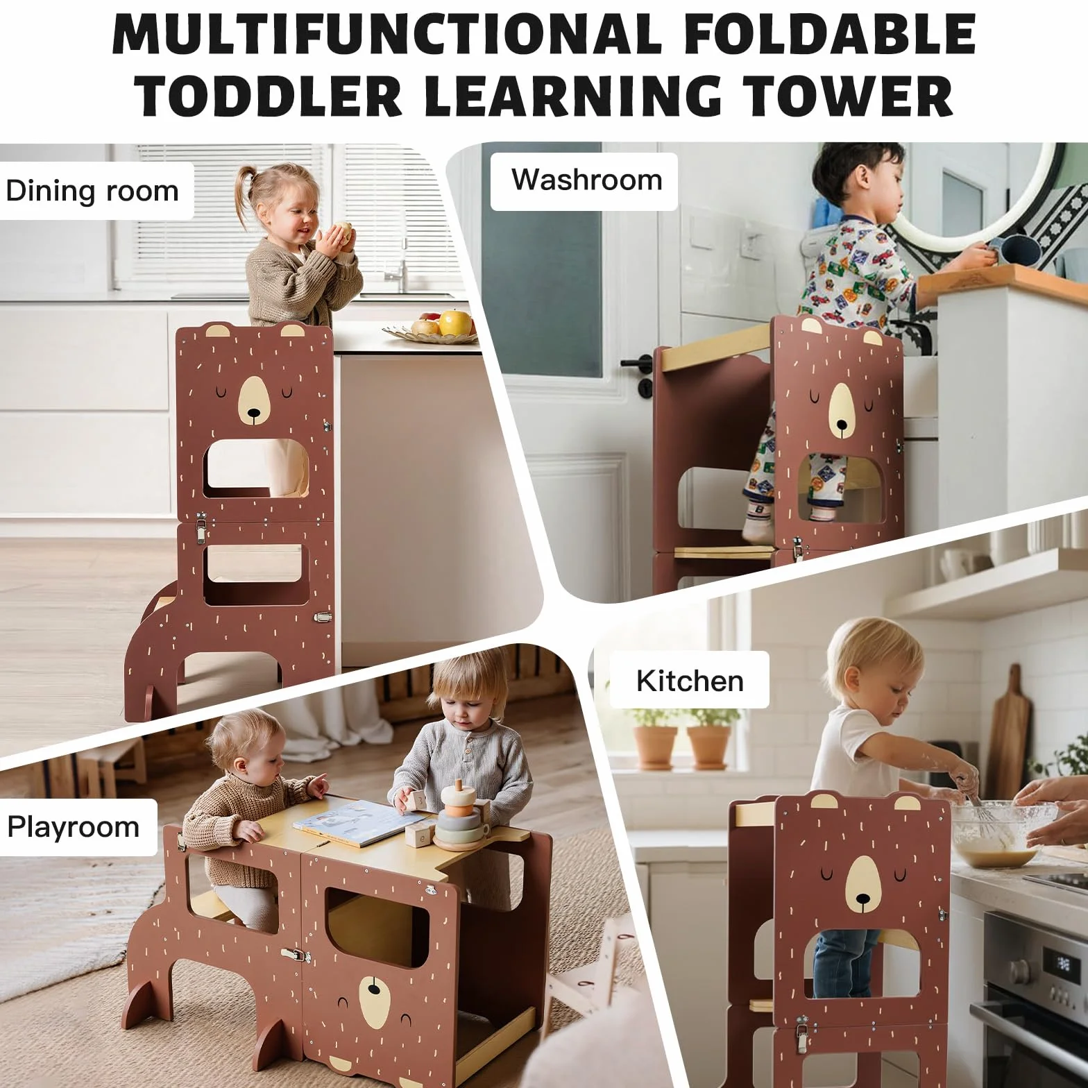 Labebe Torre Montessoriana Pieghevole in Legno Grandi Dimensioni 3 in 1 con Lavagna Orso Bruno