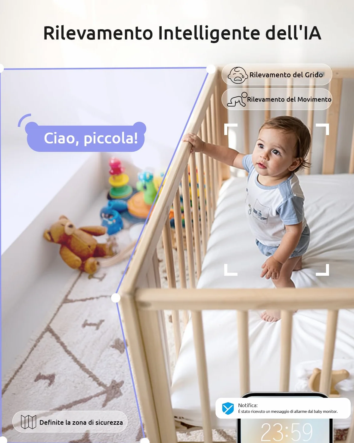Baby Monitor con Telecamera 2K e Monitor 5'', Doppio Controllo tramite Monitor e App, Connessione Senza WiFi fino a 300m, WiFi 2.4G, Visione Notturna a Colori, IR Invisibile 940nm, Cloud/SD