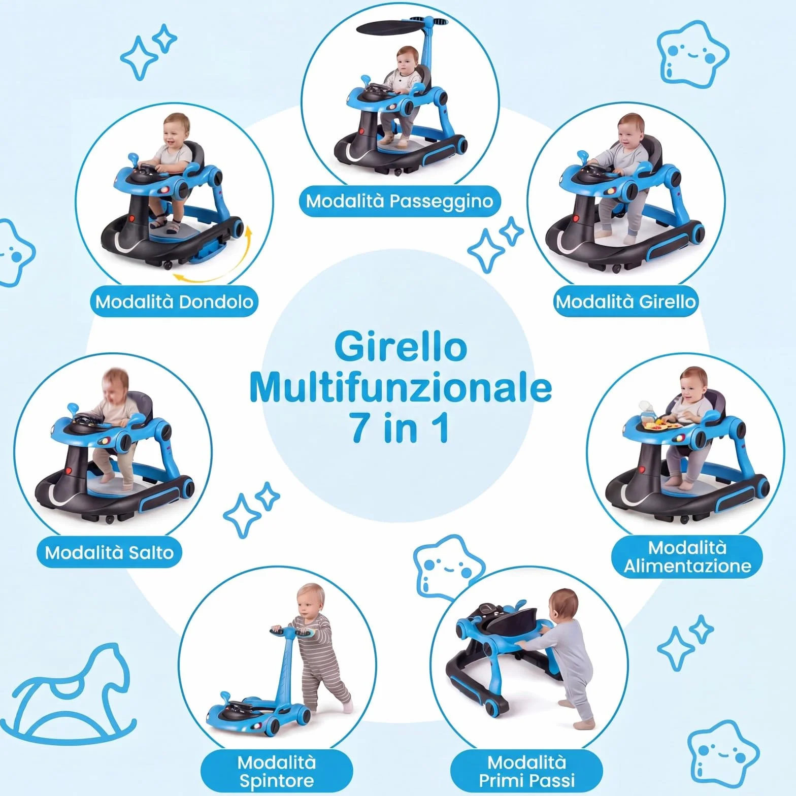 COSTWAY Girello per Bambini 6-in-1 Evolutivo, Centro Attività Pieghevole con Maniglia, Regolazione Altezza/Velocità, con Musica, Luci Tenda, per Neonati 6-18 Mesi (Nero+Blu)