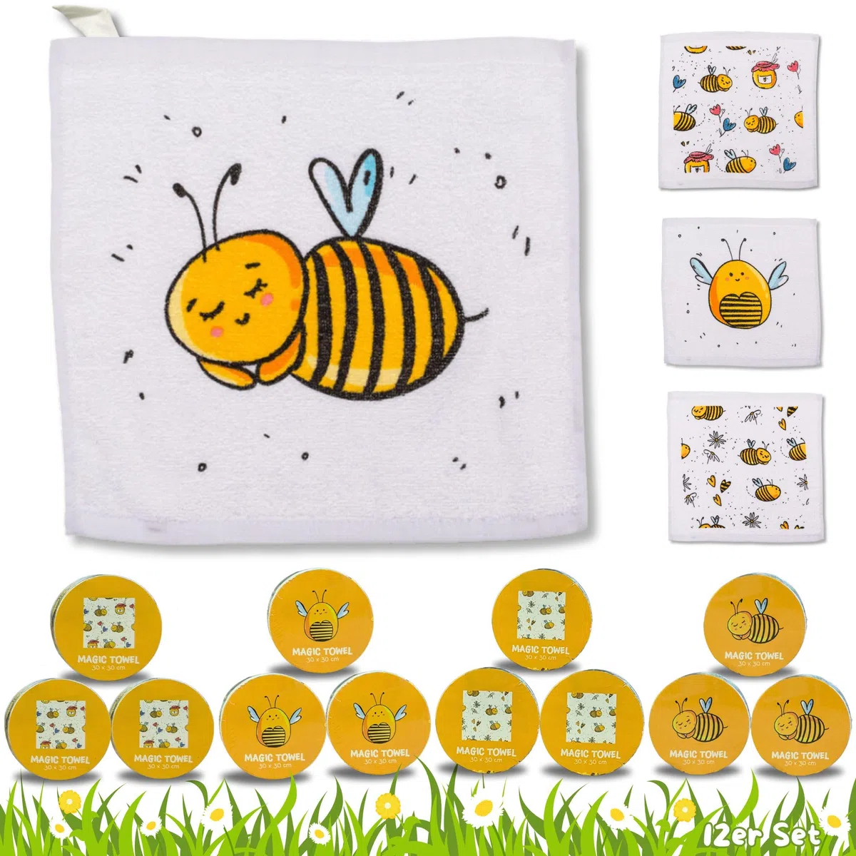 Bada Bing Set di 12 asciugamani magici a tema ape – Guanti magici in cotone con gancio, asciugamano magico per bambini, circa 30 x 30 cm, 4 scomparti, regalo di compleanno