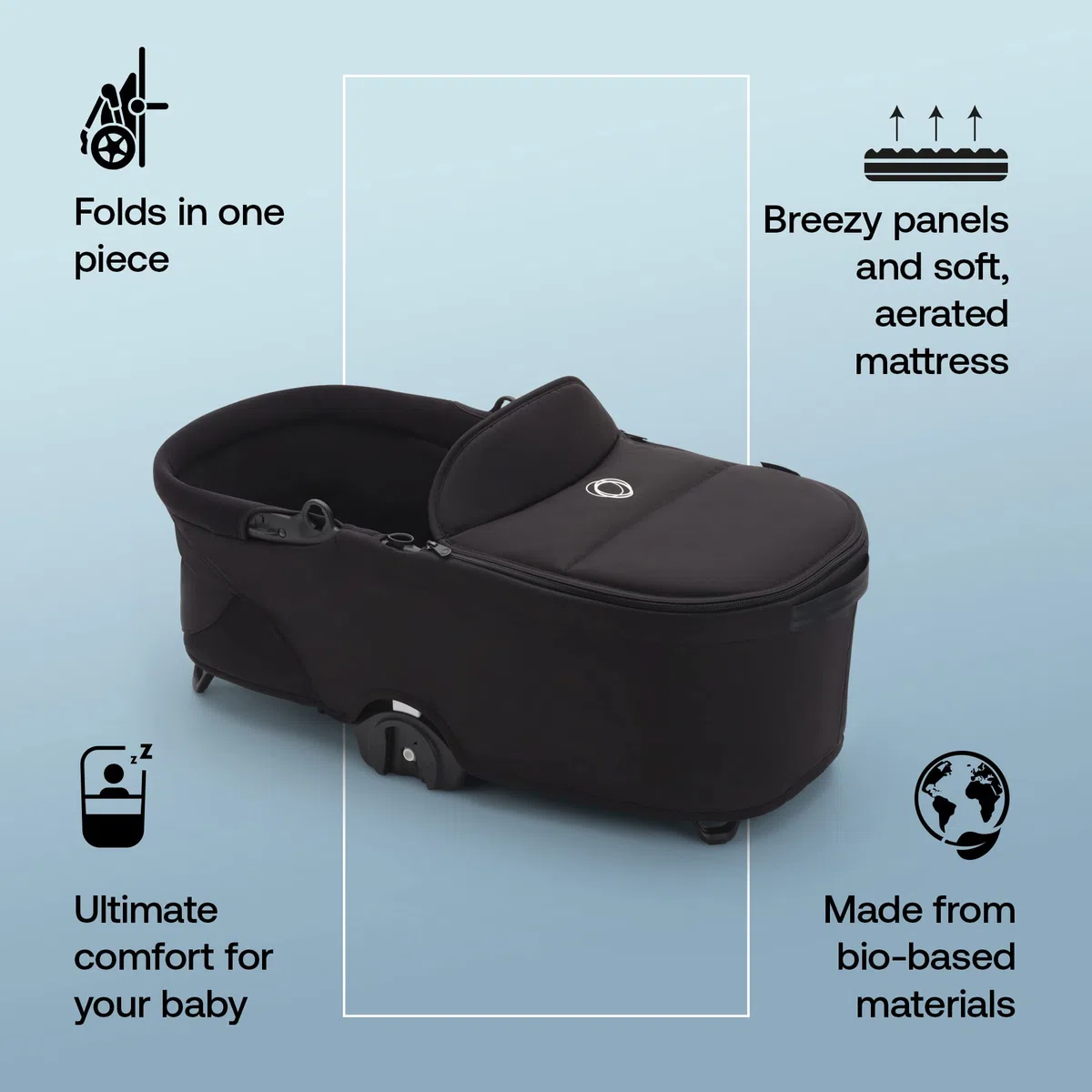 Bugaboo Dragonfly Navicella, con Materassino a Nido d'Ape e Coperta Navicella, Chiusura Facile a Una Mano in Tutte le Posizioni, Compatibile con il Passeggino Bugaboo Dragonfly, Midnight Black