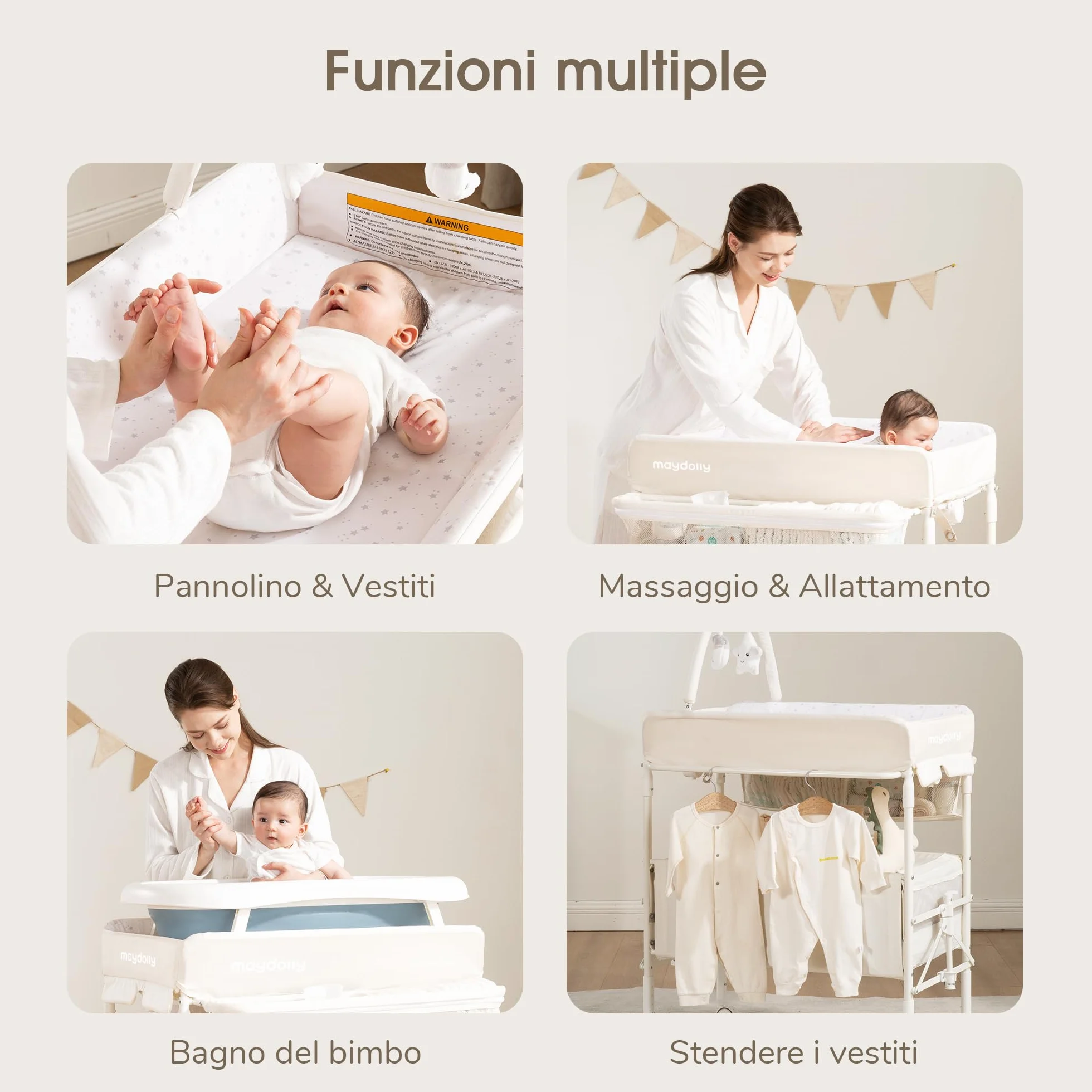 Maydolly Fasciatoio Portatile Pieghevole Neonato Altezza Regolabile Ruote Bloccabili 2 Cestelli Materassino Impermeabile Beige