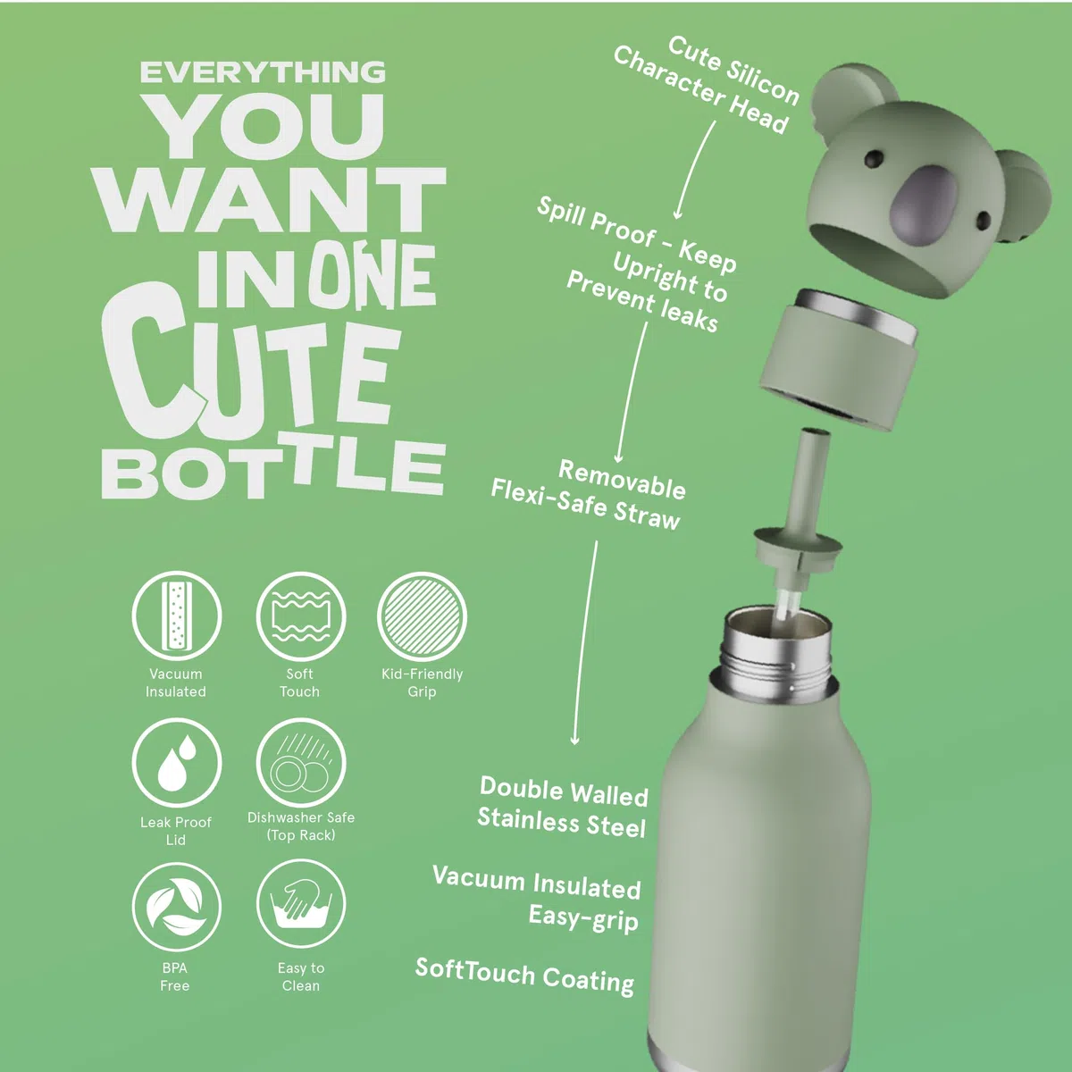 asobu Bestie - Borraccia isolata in acciaio inox, con morbida testa di animale rimovibile, per bambini e ragazzi, con cannuccia flessibile riutilizzabile (coala)