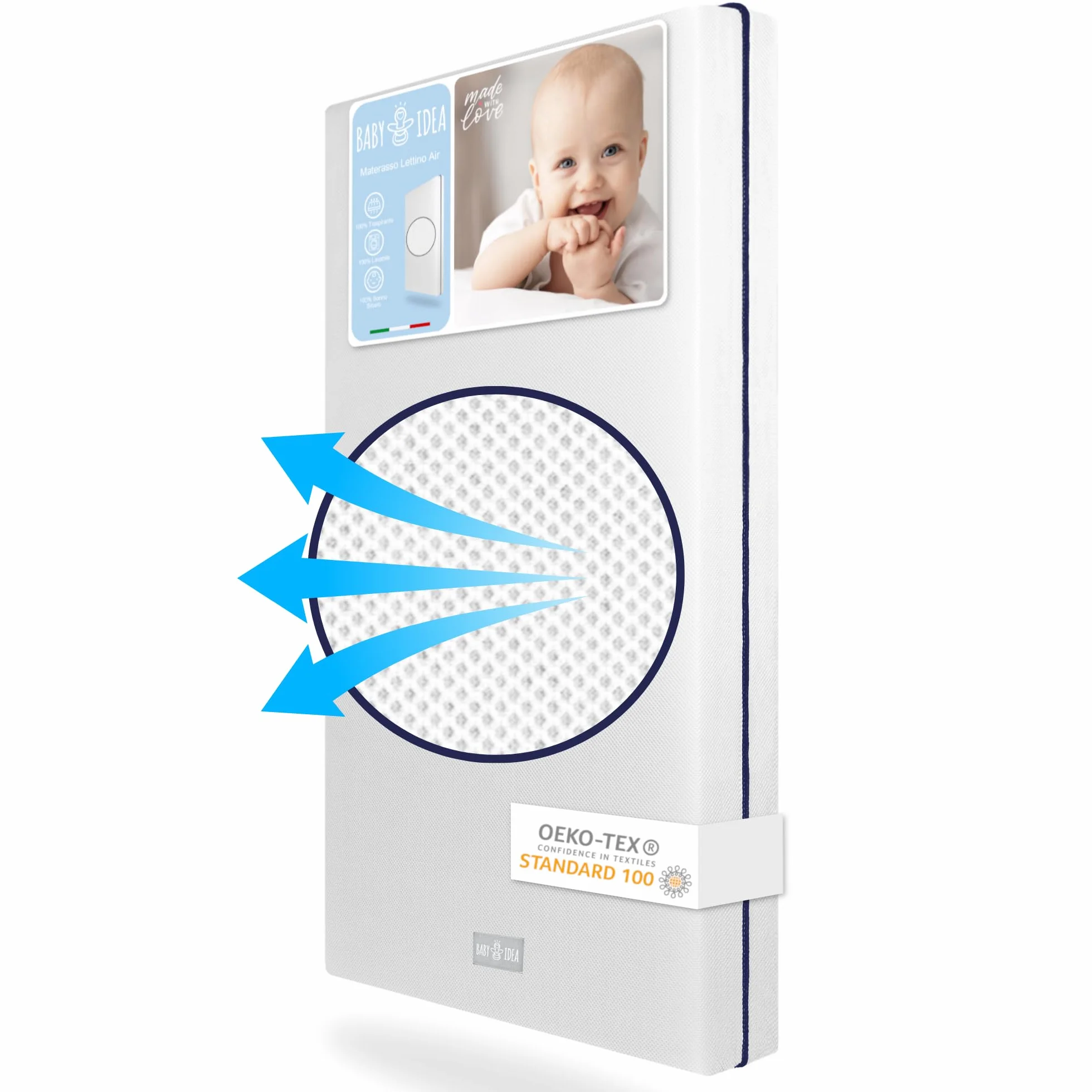 baby idea Materasso Lettino Neonato Antisoffoco Sfoderabile a Norma EN16890:2017+A1:2021 Lavabile Materasso Culla Neonato Ipoallergenico, Ergonomico per tutte le Stagioni (Bianco/Blu, 64x124)