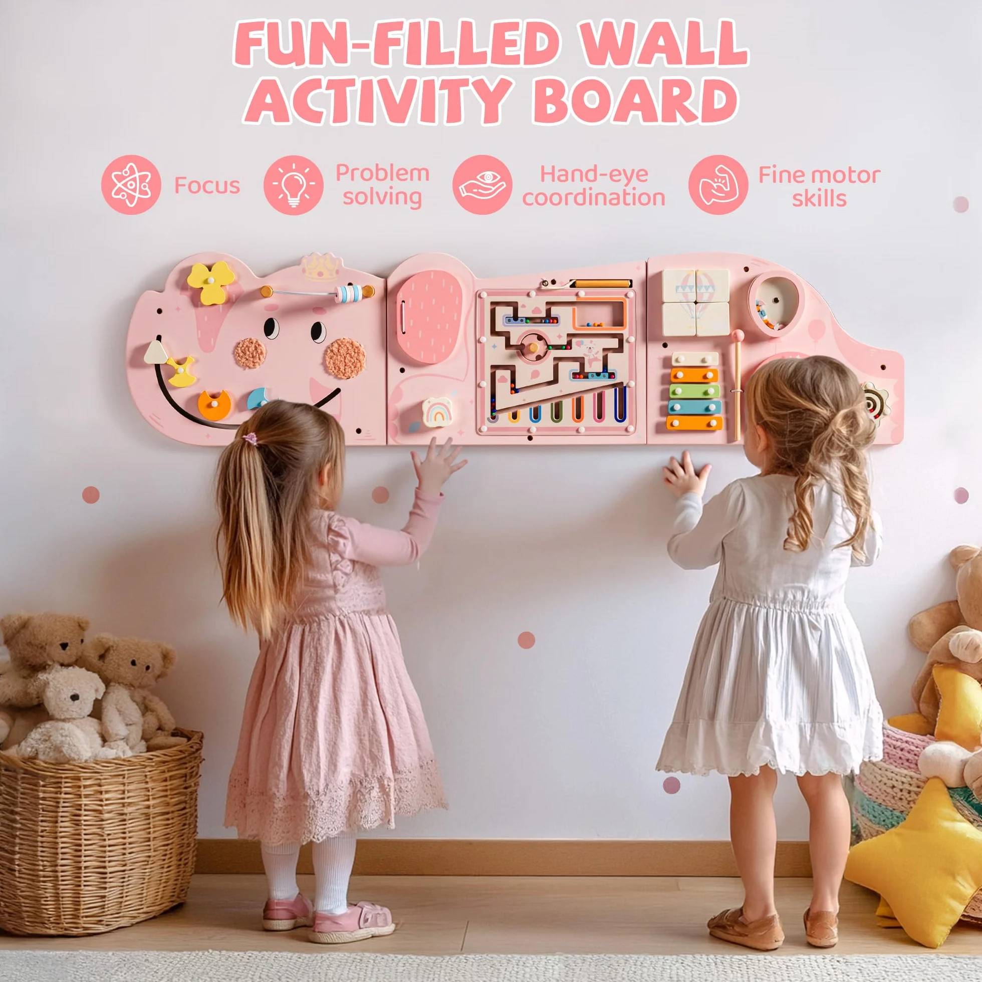Montessori Tavola Motorizzata in Legno 11 in 1 Busy Board Giocattolo da Parete per Bambini 18 Mesi Rosa