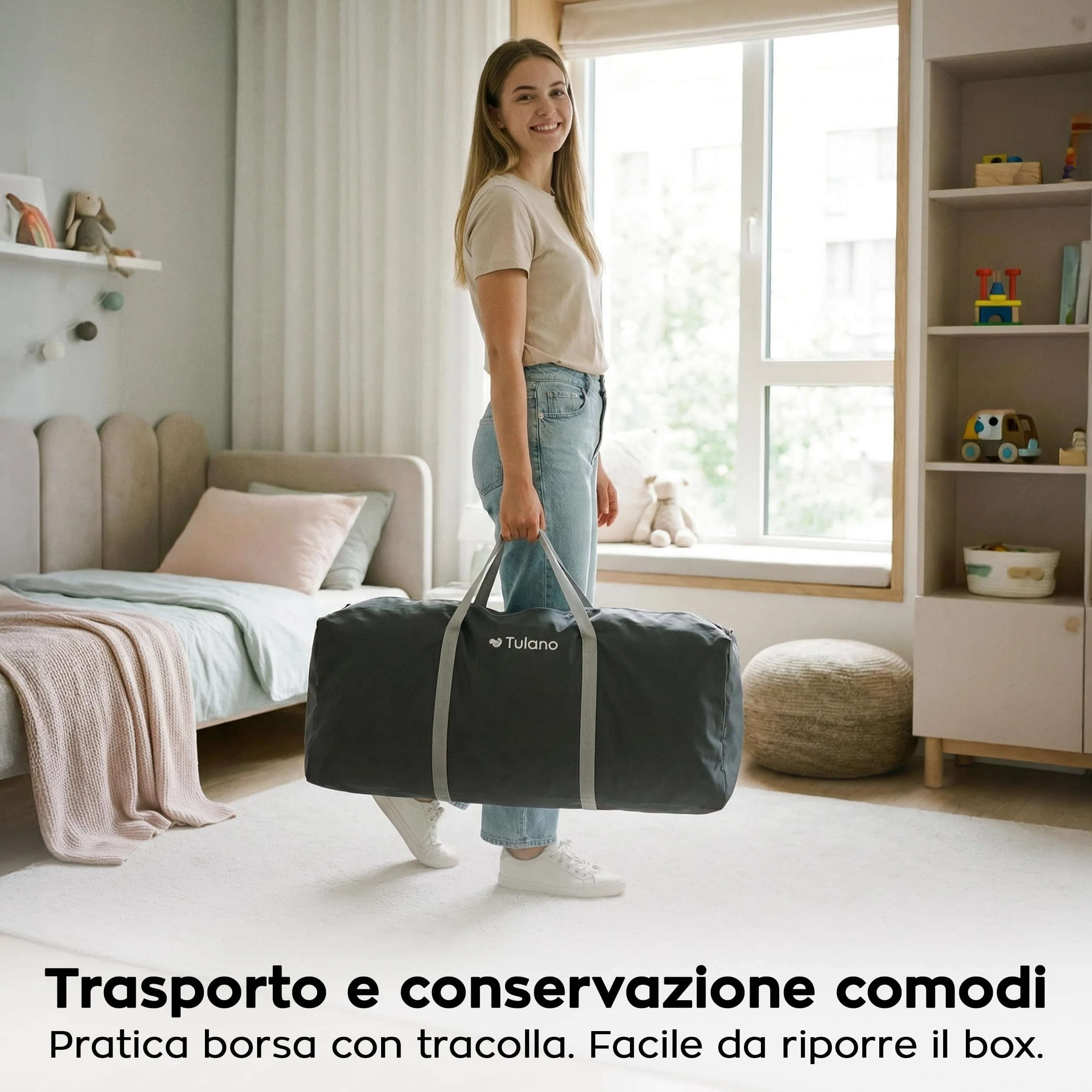 Tulano Cozy 25 Box per Bambini 150x180 cm 6-36 mesi Recinto Neonato con Fondo Struttura in Metallo Rete Traspirante Porta con Cerniera Borsa Inclusa Grafite
