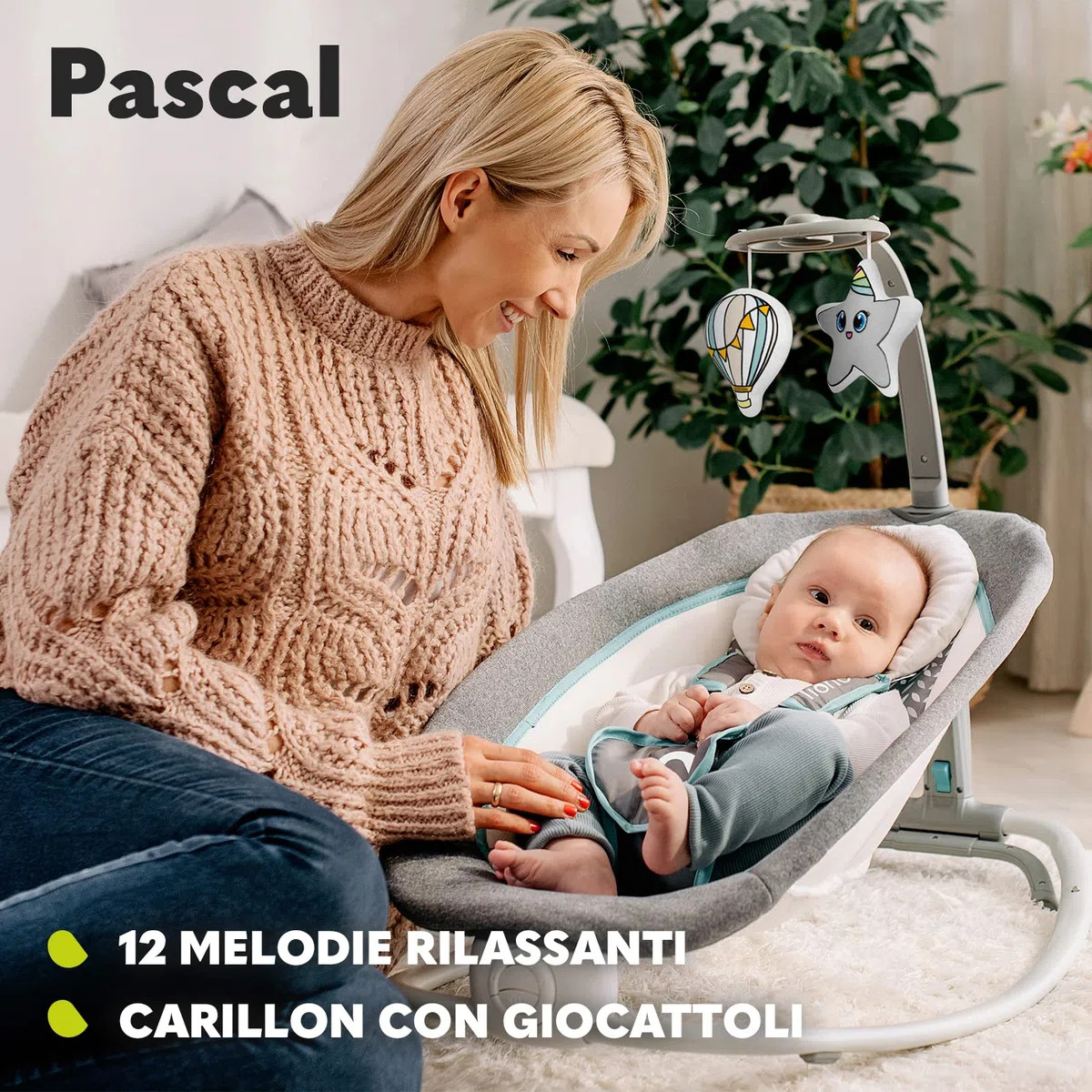 Lionelo Pascal Sdraietta neonati 0-9 kg Dondolo per bambini portatile e pieghevole, Culla 12 Melodie Giocattoli Regolazione dello schienale Vibrazioni Cinture a 5punti Materiale sfoderabile (Grigio)