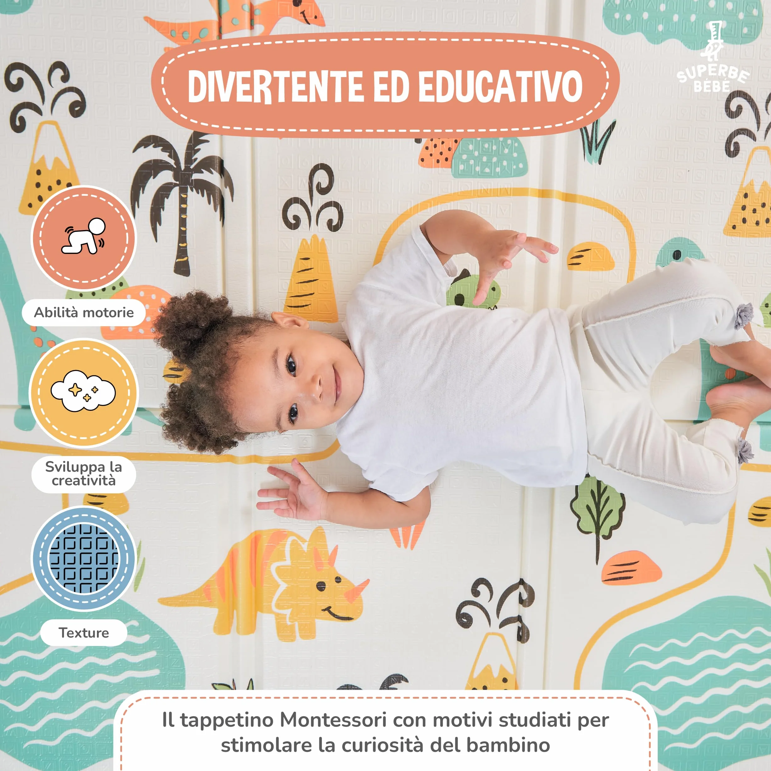 Tappeto Gioco Bambini Pieghevole 150x180x1cm Montessori Reversibile Impermeabile Schiuma Tummy Time Neonati