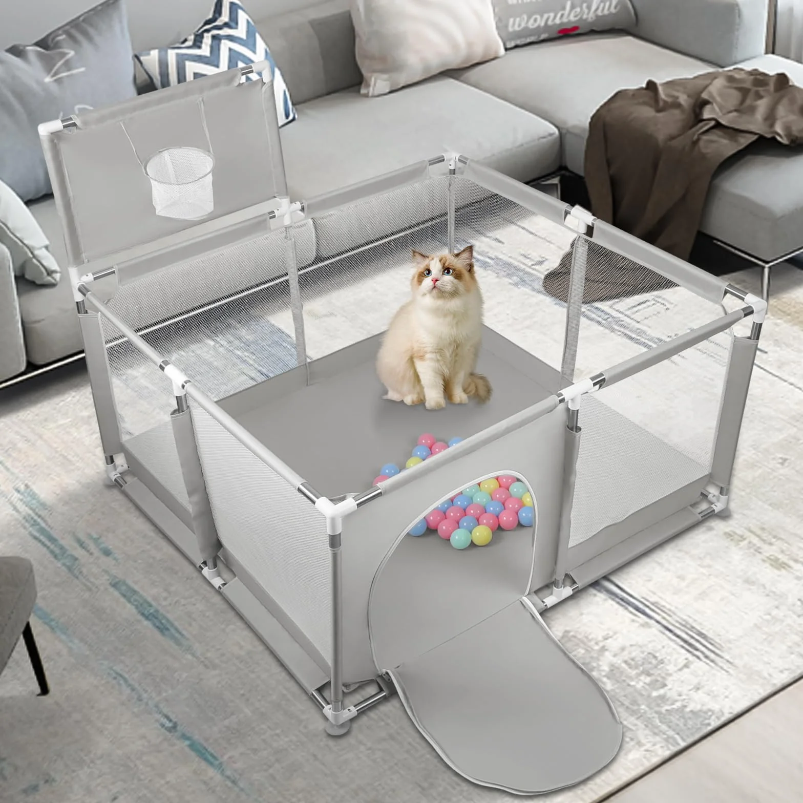 Box con porta a cerniera per bambini con ventose 126 x 126 x 66 cm grigio chiaro 50 palline