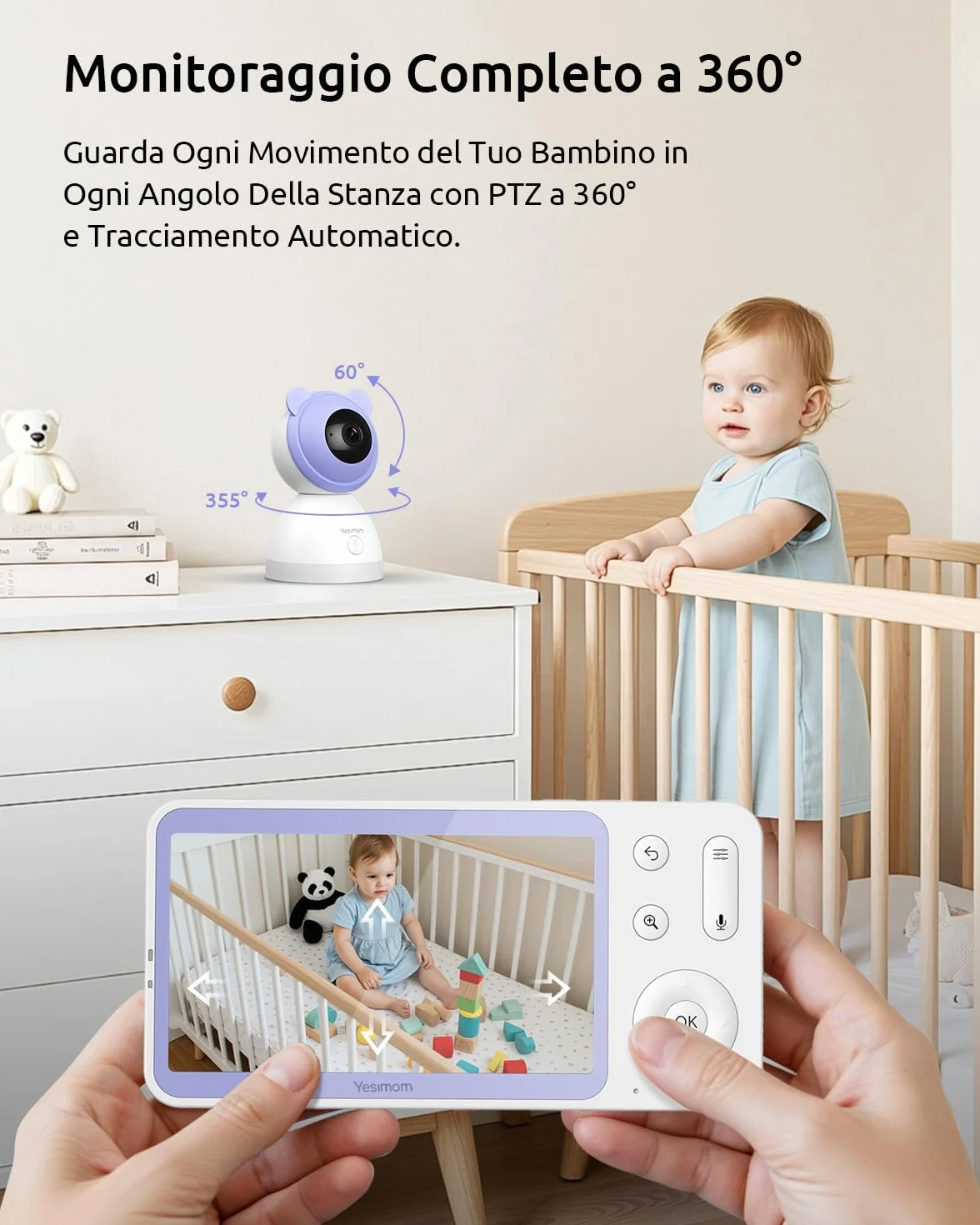Baby Monitor con Telecamera 2K e Monitor 5'', Doppio Controllo tramite Monitor e App, Connessione Senza WiFi fino a 300m, WiFi 2.4G, Visione Notturna a Colori, IR Invisibile 940nm, Cloud/SD