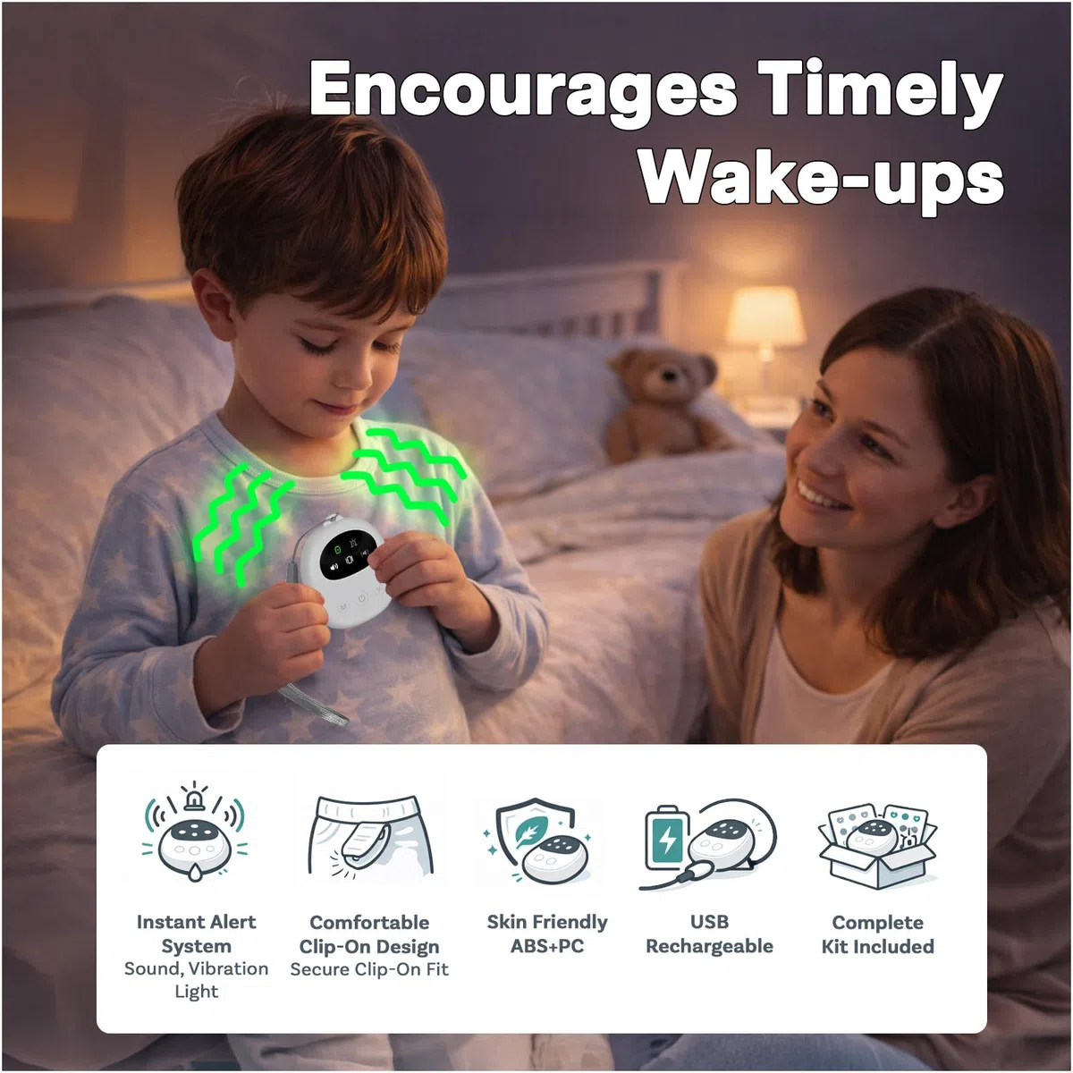Allarme Enuresi Compatto per Bambini e Adulti di MMOBIEL – Sensore di Umidità Cablato con Clip – Suono, Vibrazione e Luce – Ricaricabile USB – Volume Regolabile – Apprendimento del Vasino