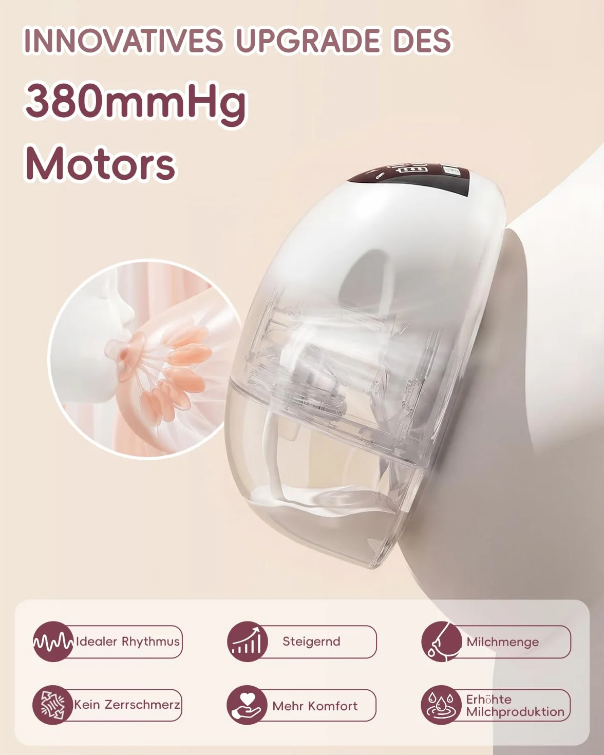 Tiralatte Elettrico Indossabile, 4 Modalità 9 Livelli, 380mmHg, Flange 17/19/21/24mm, Bianco