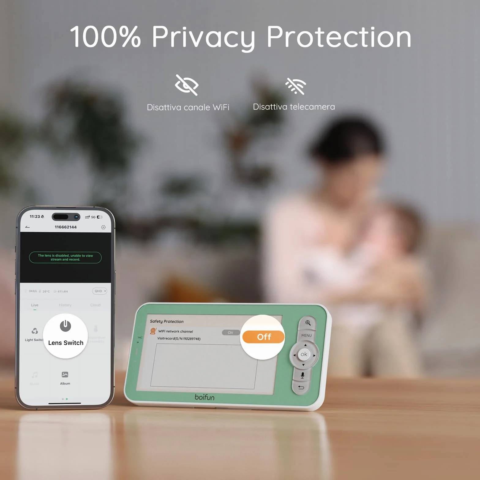 BOIFUN 2K Baby Monitor WiFi 360° con Luci Notturne, Display LCD 5" 3MP, Auto Tracking, Rilevamento Movimento e Suono IA