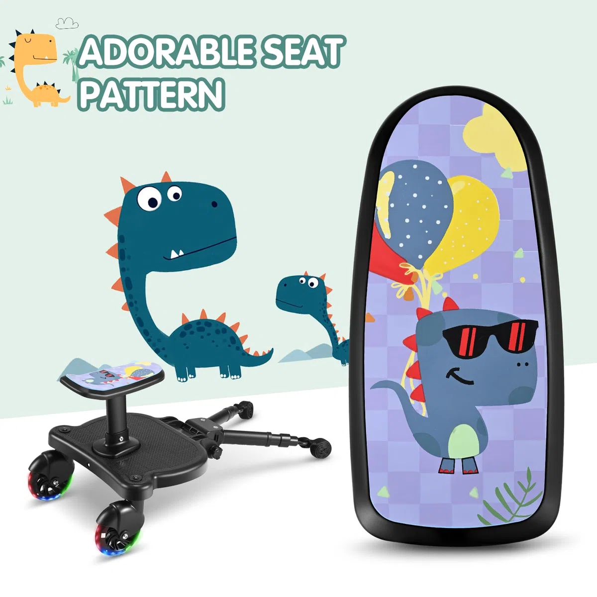 Pedana Passeggino Universale con Ruote a LED, Tavolette Portatili con Sellino per Passeggini Adatto al 99% dei passeggini, Accessorio per Passeggino per Bambini di 2-6 Anni 25 kg, Nero