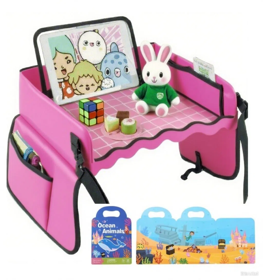 Vassoio da viaggio per auto, bambini, tavolo da viaggio per auto e bambini, vassoio portatile, seggiolino regolabile, ideale come regalo per casa, viaggio, rosa
