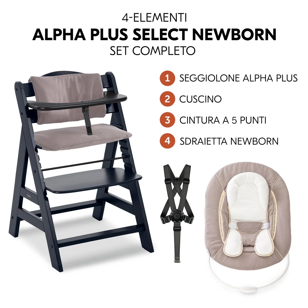 hauck Seggiolone Pappa Alpha Plus Set Newborn - Seggiolone Pappa Bimbi in Legno, Evolutivo con Sdraietta Neonato 2in1 e Cuscino - Nero
