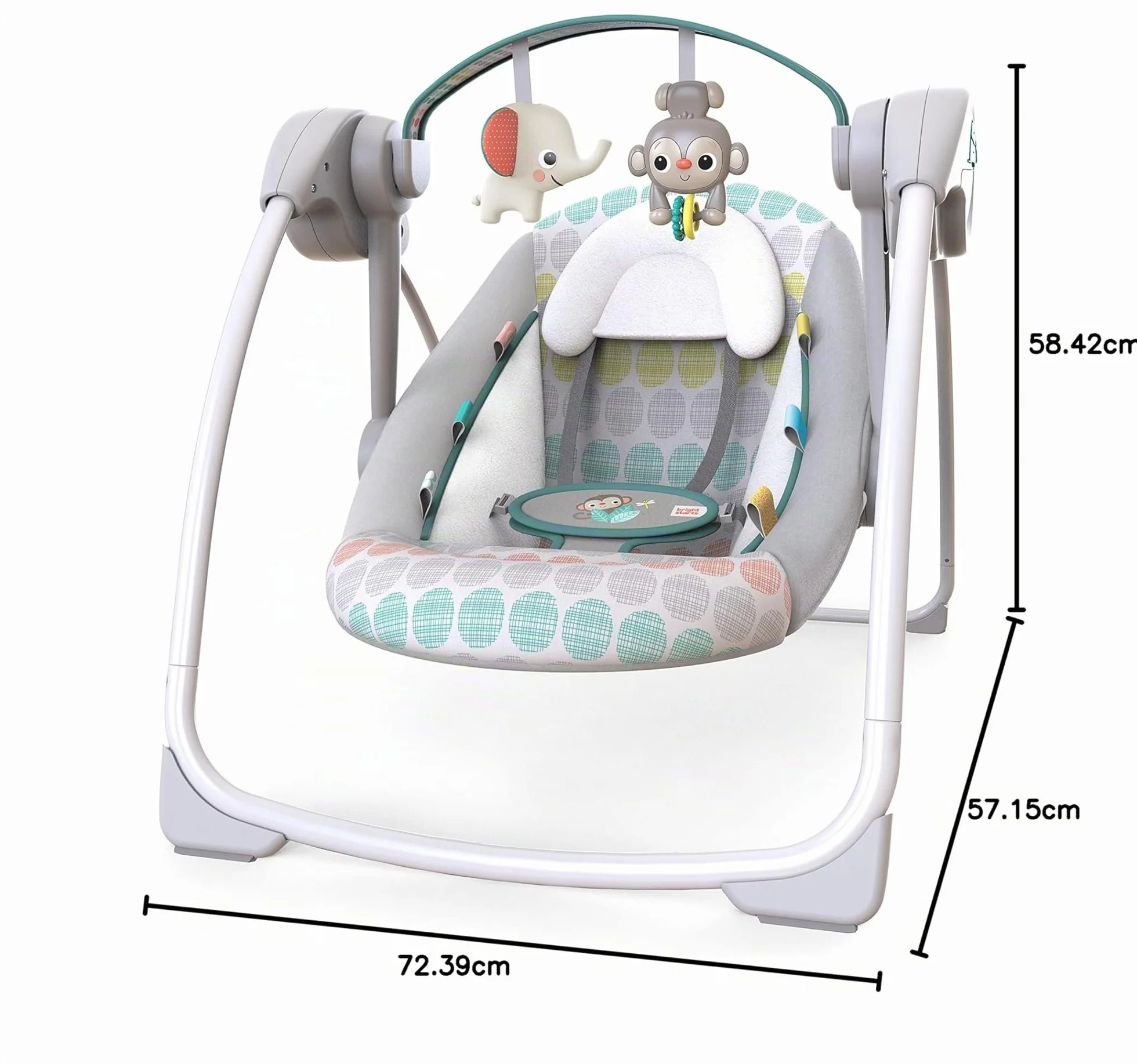 Bright Starts Altalena Automatica Portatile a 6 Velocità per Bambini, Compatta e Pieghevole, Musica, Barra Giocattoli, 0-9 Mesi 3-9 kg (Whimsical Wild)