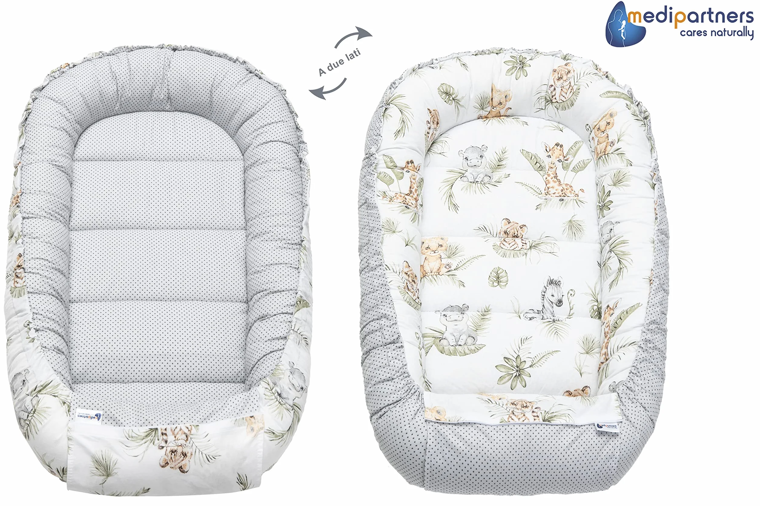Medi Partners Riduttore Lettino Neonato 100x60x15 Nido Antisoffoco 5-Parti Bozzolo Culla Bebè Cuscino 100% Cotone Safari Minky beige