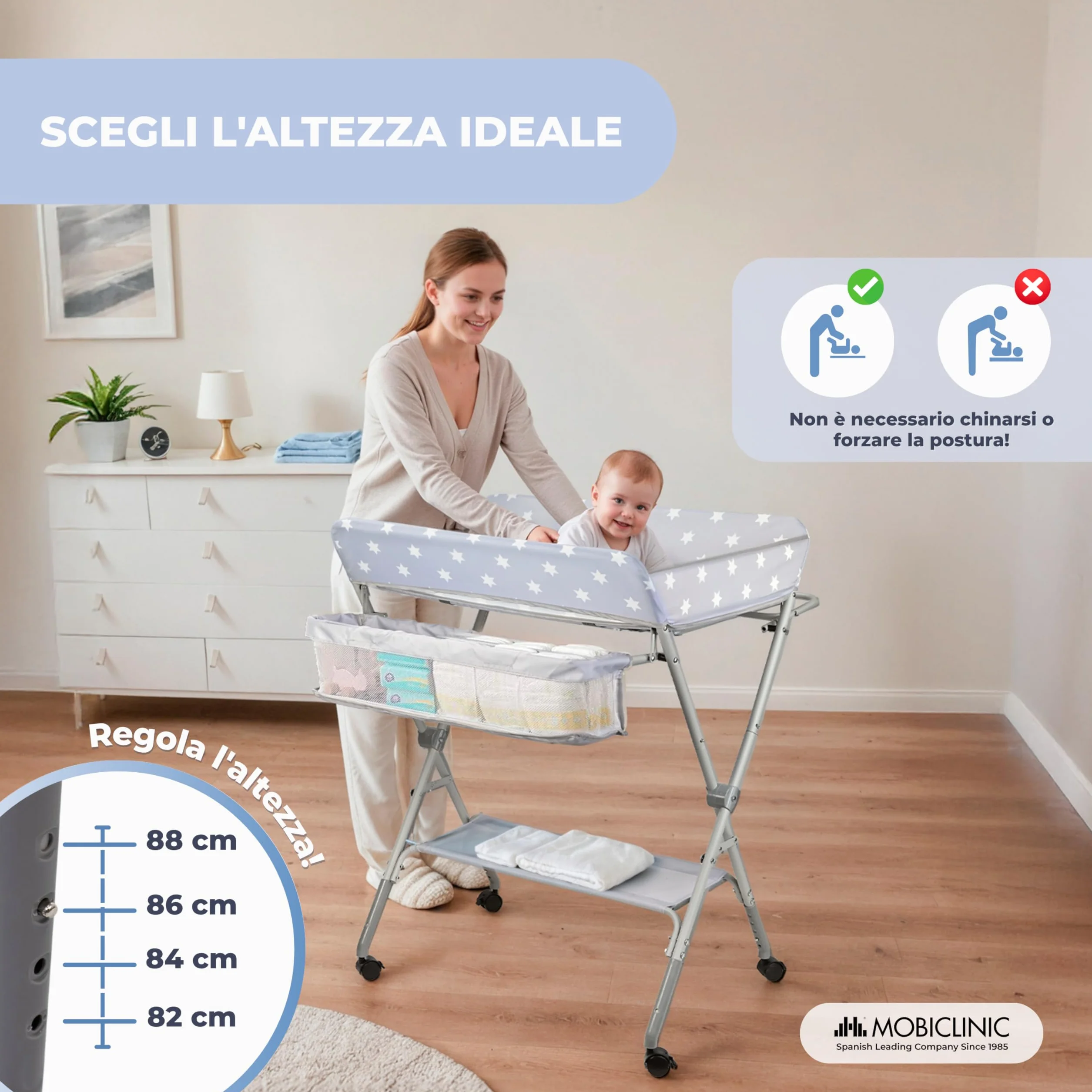 Mobiclinic Fasciatoio pieghevole per Neonati, Altezza Regolabile, Fino a 15 kg, 0-36 Mesi, Ruote a 360° Freno, Lavabile