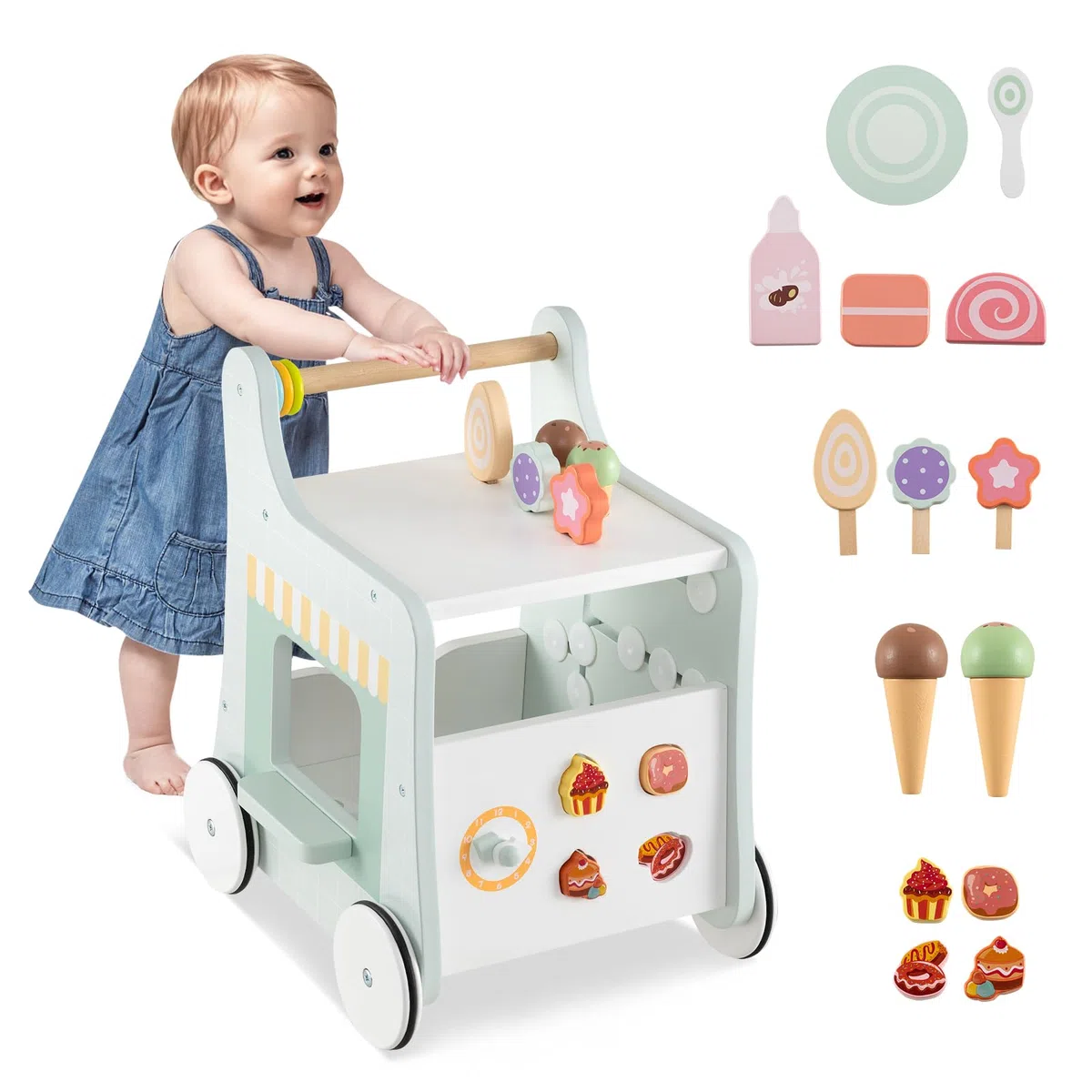 GYMAX Girello per Bambini in Legno 2-in-1, Carrello Primi Passidei Gelati con Accessori Interattivi e Ruote Antiscivolo, Cucina Giocattolo Montessori con Ruote, per Bambino 1 Anno + (Verde-1)