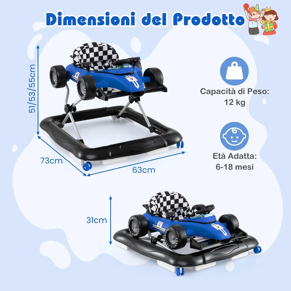 COSTWAY 4 in 1 Girello per Bambini, Altezza Regolabile a 3 Livelli, Passeggino per Bambini, con Volante Imbottito e Scatola Musicale, Portata 12 kg, per Bambini 6-18 Mesi (Blu)