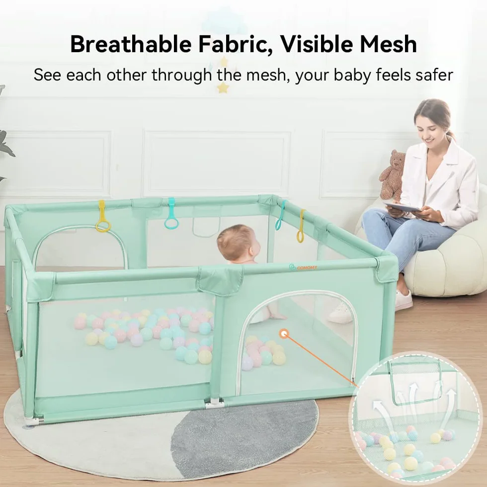 COMOMY Recinto Bambini Extra Large 180x200x66 cm con Palline, Mini Rattan e Anelli di Tiro, Rete Traspirante Verde