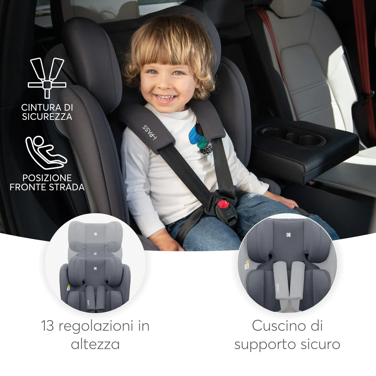 KikkaBoo Seggiolino Auto 9-36 kg i-PASS, Gruppo 1/2/3, Da 15 Mesi a 12 Anni, i-Size 76-150 cm, Poggiatesta Regolabile 13 Posizioni, Grigio
