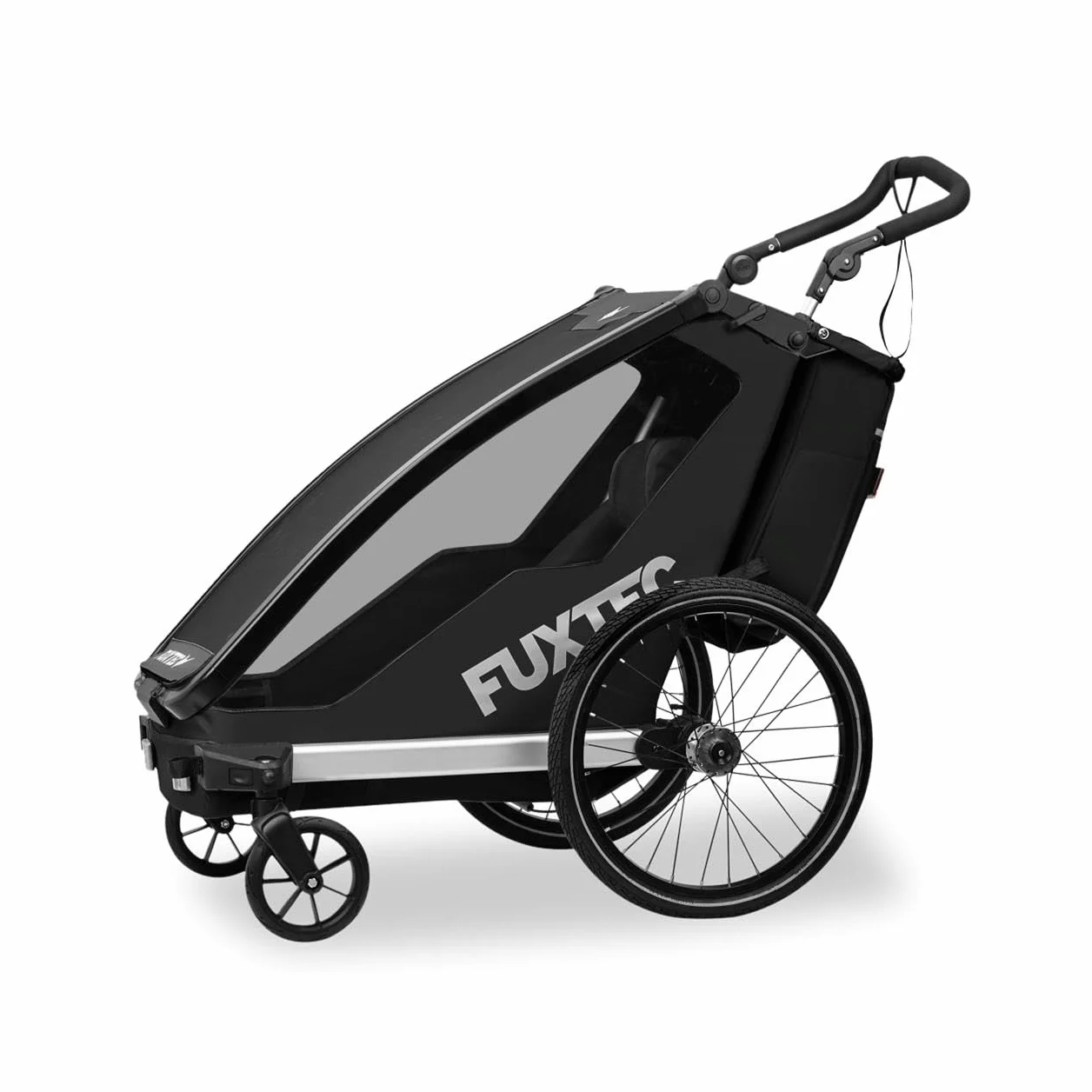 FUXTEC Rimorchio per Bici FX-FA1S Nero – Carrello 1 Posto per Bambini Pieghevole con Cintura di Sicurezza e Parasole