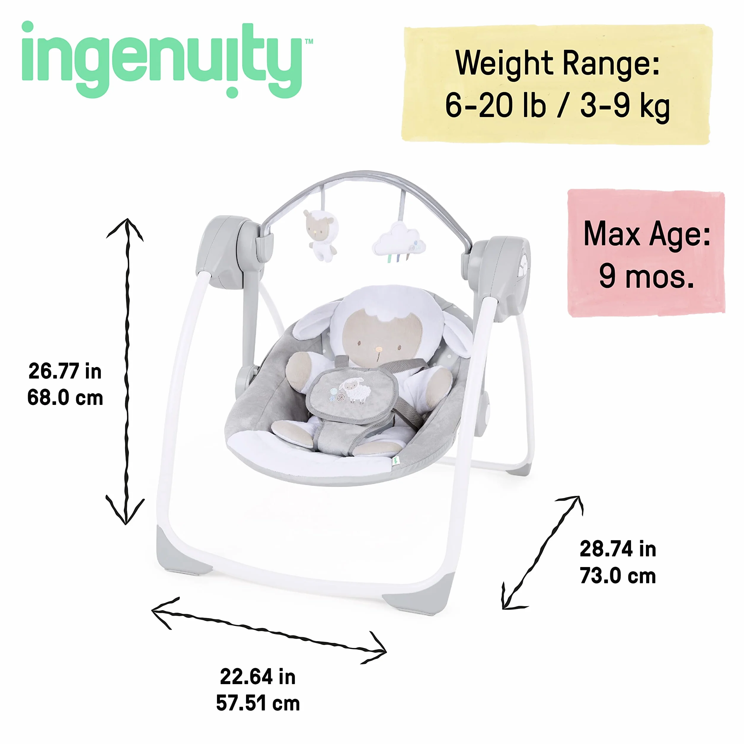 Ingenuity Comfort 2 Go Altalena compatta portatile a 6 velocità con musica, pieghevole, 0-9 mesi (Cuddle Lamb)
