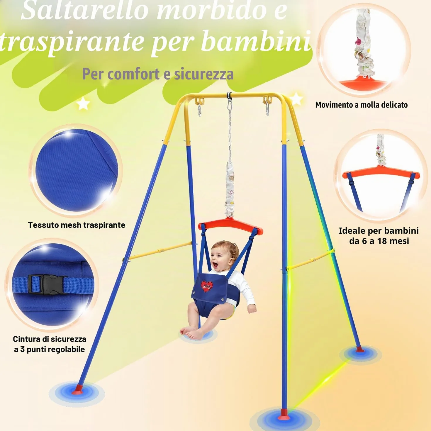 Altalena per bambini, 4 in 1, con telaio – Altalena per bambini, con cintura di sicurezza, pieghevole e 4 sacchi di sabbia, per interni ed esterni, facile da montare