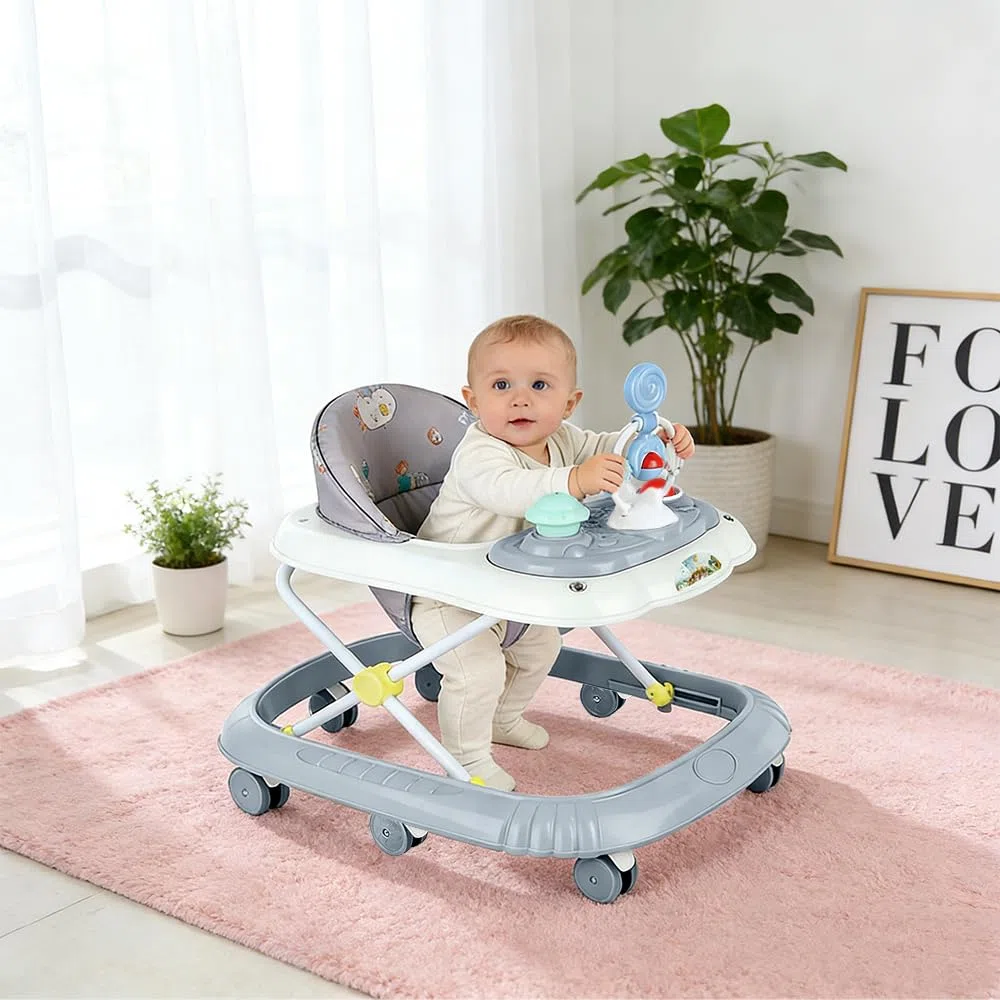 Girello 4 in 1, girello pieghevole per bambini con vassoio di gioco interattivo con suoni, base anti-ribaltamento, deambulatore ruote in silicone e 4 posizioni di altezza, da 6 a 18 mesi (grigio-67 x