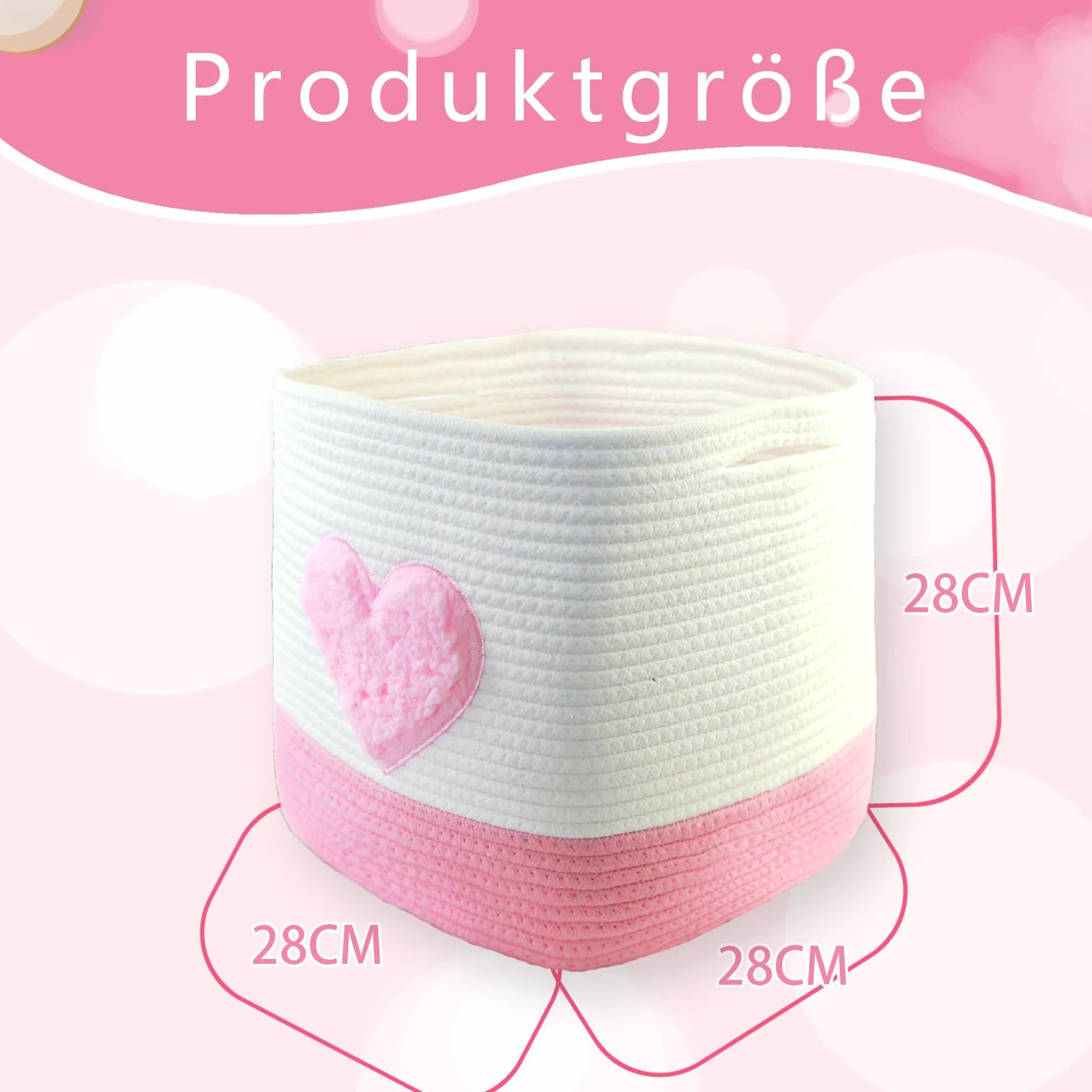 Cestini portaoggetti, 28 x 28 x 28 cm, quadrati intrecciati in corda di cotone, piccoli cestini intrecciati per la selezione, per cameretta dei bambini, uffici, decorativi. (set da 2, cuori rosa)