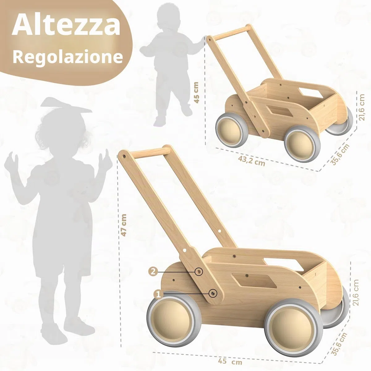 Girello per Bambini di legno, Carrello Primi Passi Legno per Bambini e Bambine, Activity Baby Walker, Toddler Push & Pull Toys, Primi Passi Regalo per Compleanno Natale, Naturale