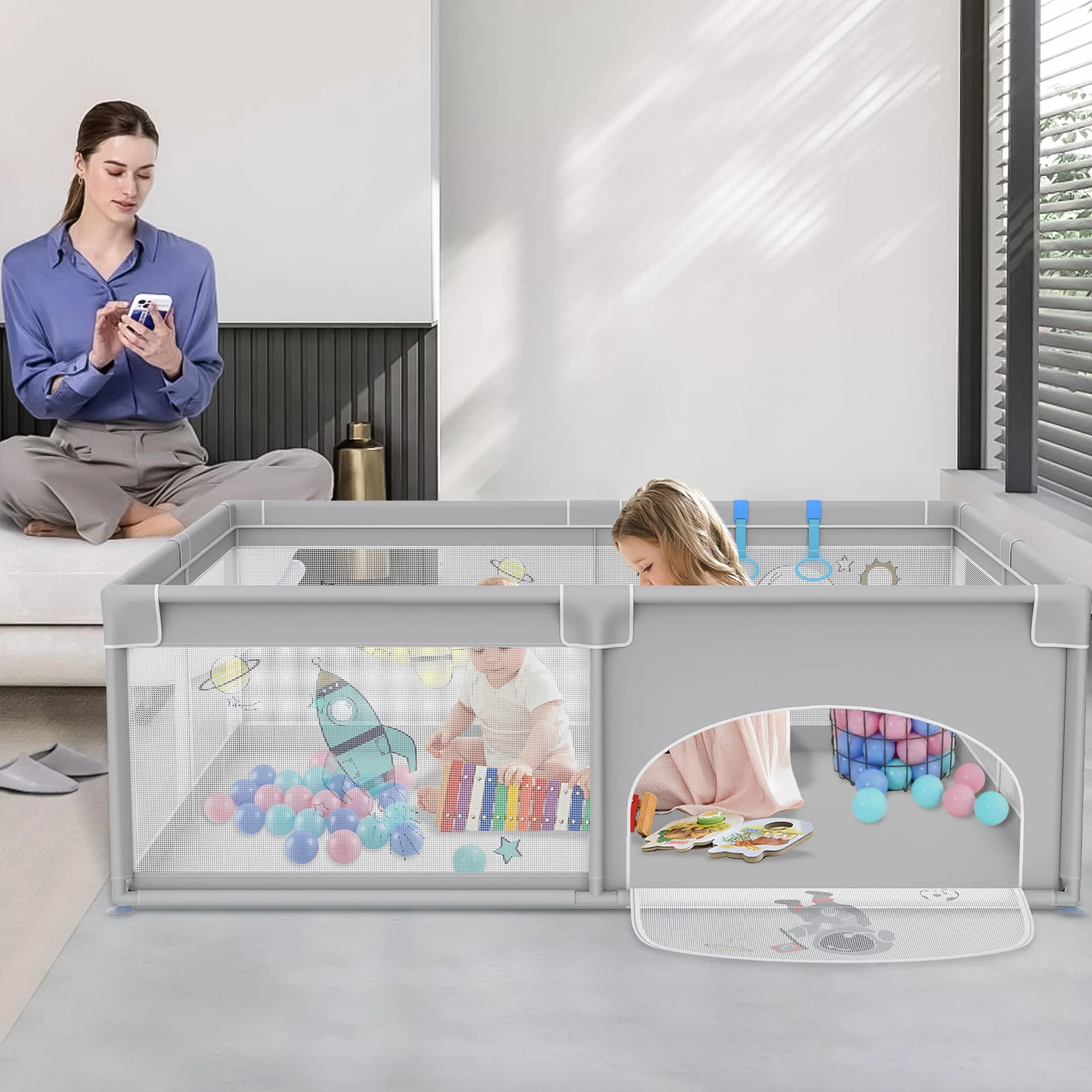 UISEBRT Box per bambini, 180 x 200 cm, con 50 palline oceaniche e 4 anelli e borsa per il trasporto, pieghevole, con rete traspirante, per bambini, grigio con motivi astronauti