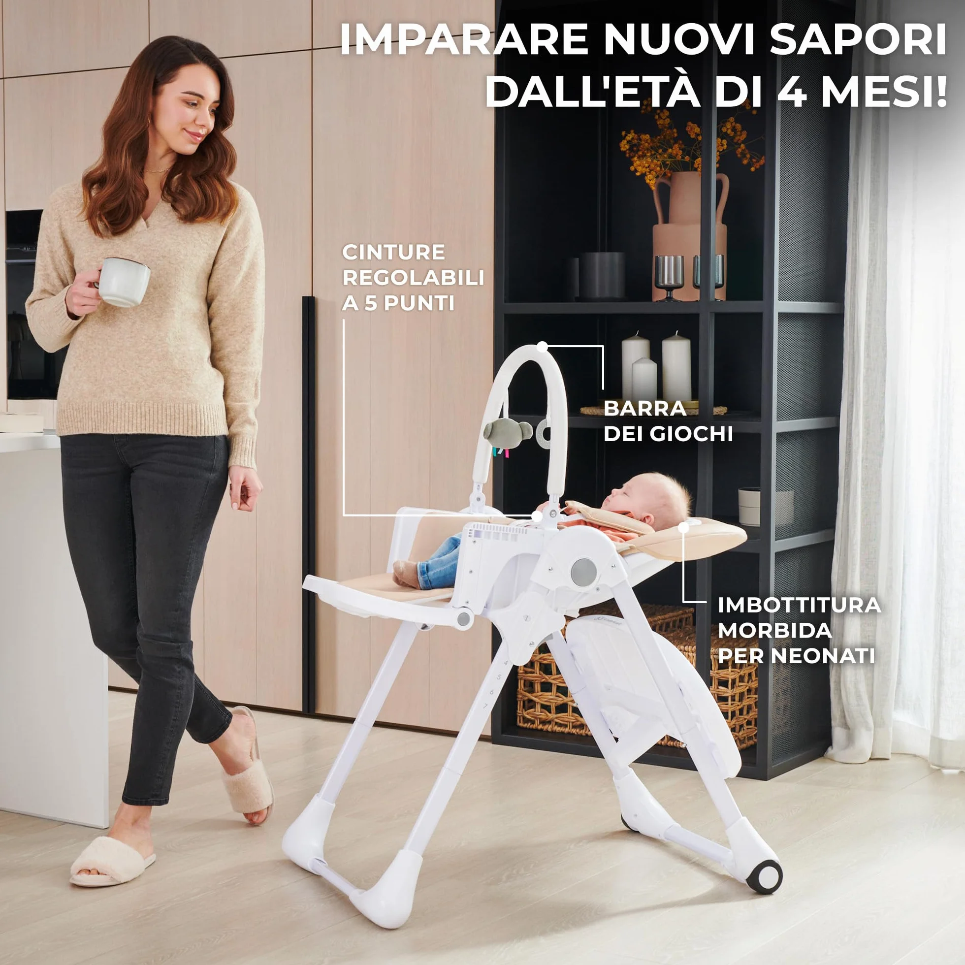Kinderkraft TUMMIE Seggiolone 2 in 1 Ergonomico Reclinabile Pieghevole Altezza Regolabile Beige